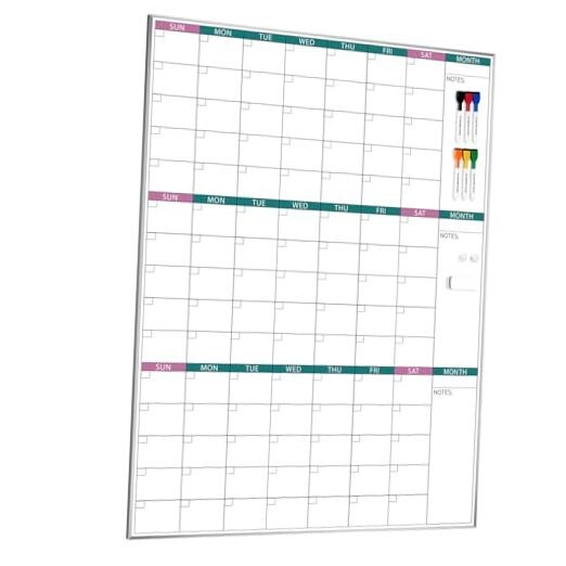 3-Month Dry Erase Calendar for Wall Magnetic Whiteboard 39"x28" Silver