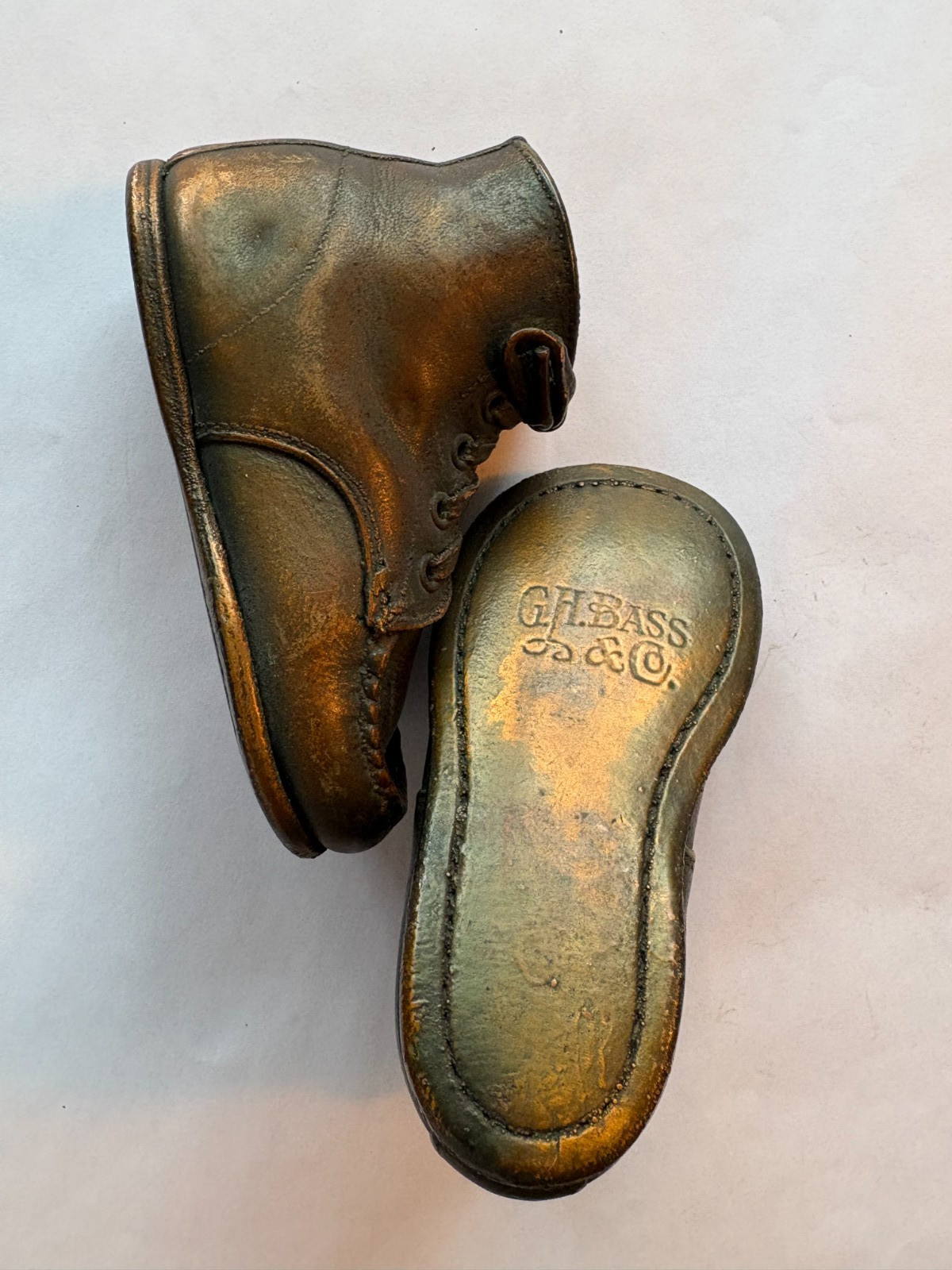 Vintage Bass Copper/Brass Color Metal High Top Baby Shoes Leather Inside 5" x 3"