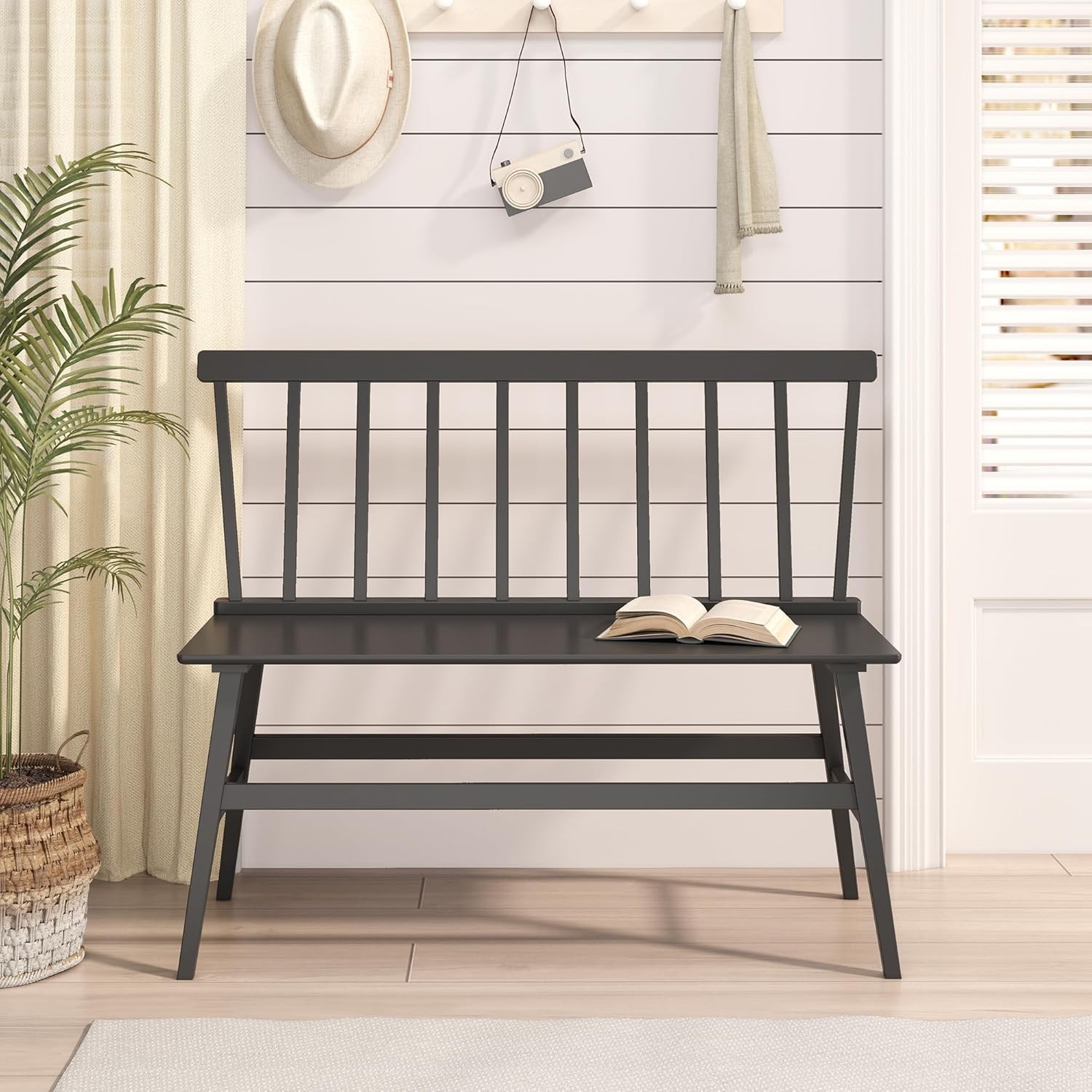Bamboo Dining Bench Black Entryway Bench W/ Spindle Back Farmhouse Wood Windsor