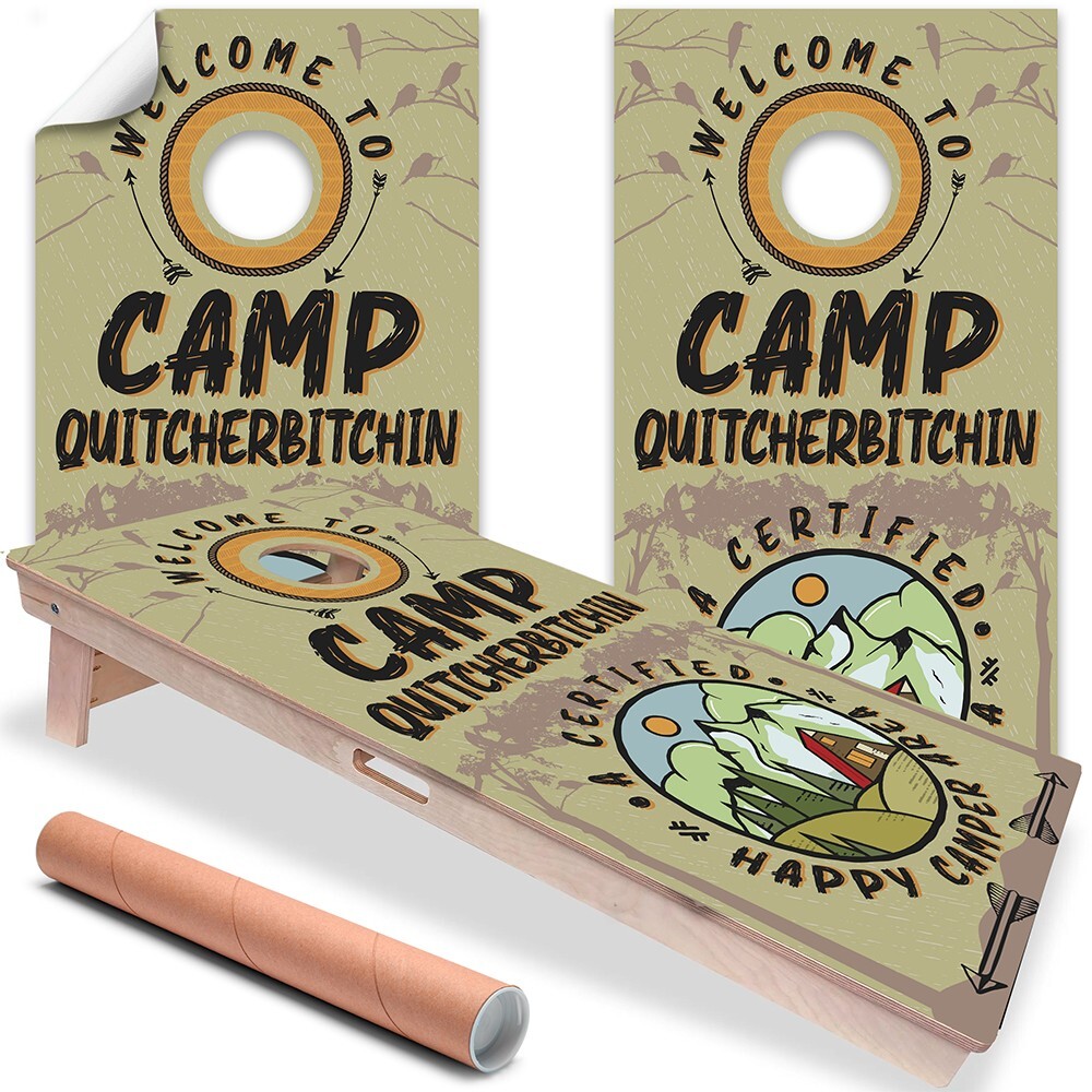 Camp Quitcherbitchin Cabin Camping Cornhole Board Wraps and Decals Vinyl Sticker