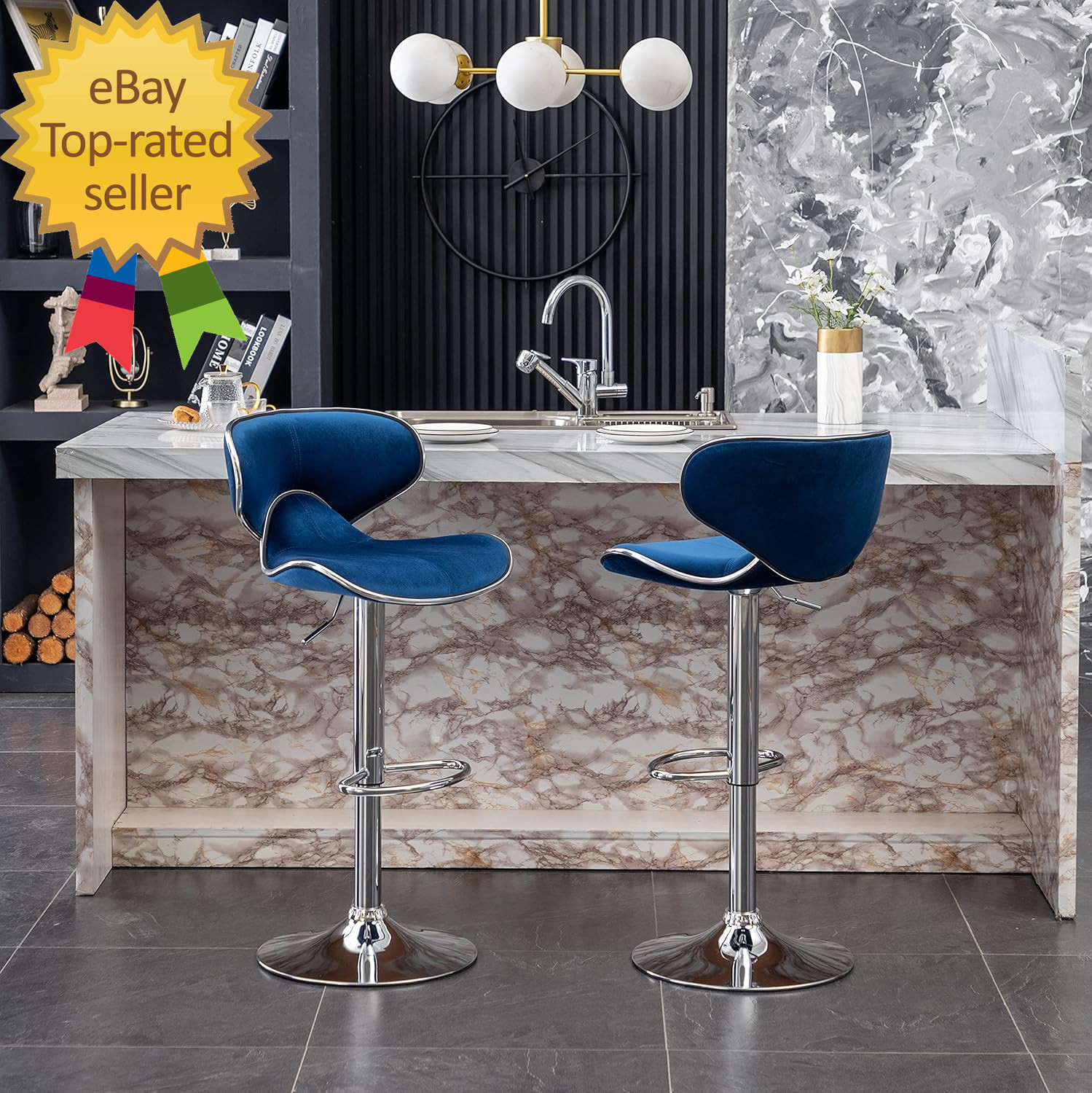 Masaccio Velvet Upholstered Adjustable Swivel Barstool   Set of 2  Blue