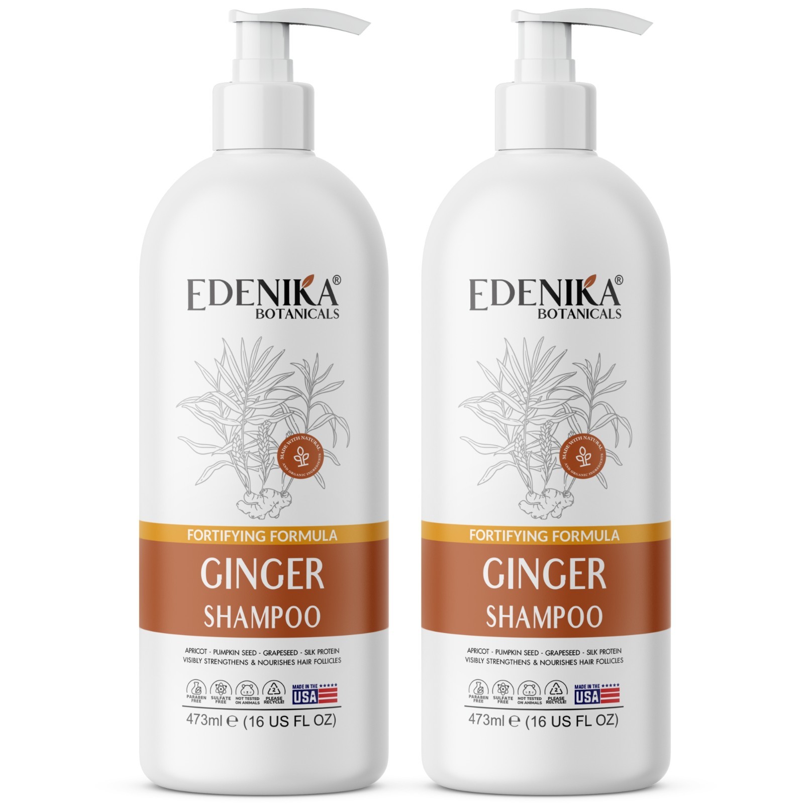 Edenika 2 Pack Ginger Root Shampoo Biotin Regrowth Thickening Sulfate Free 16 oz