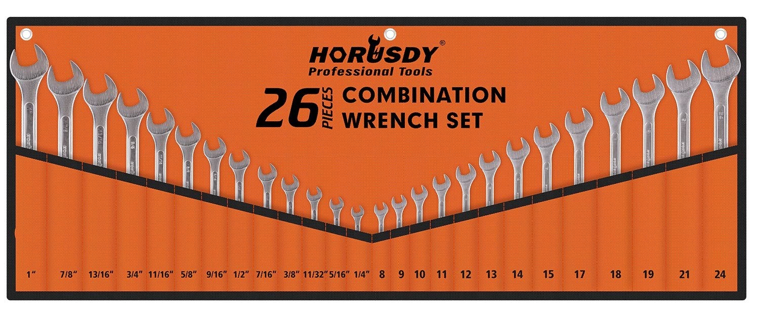 26-Piece Durable Combination Wrench Set with Roll-up Pouch, Open End Wrench S...