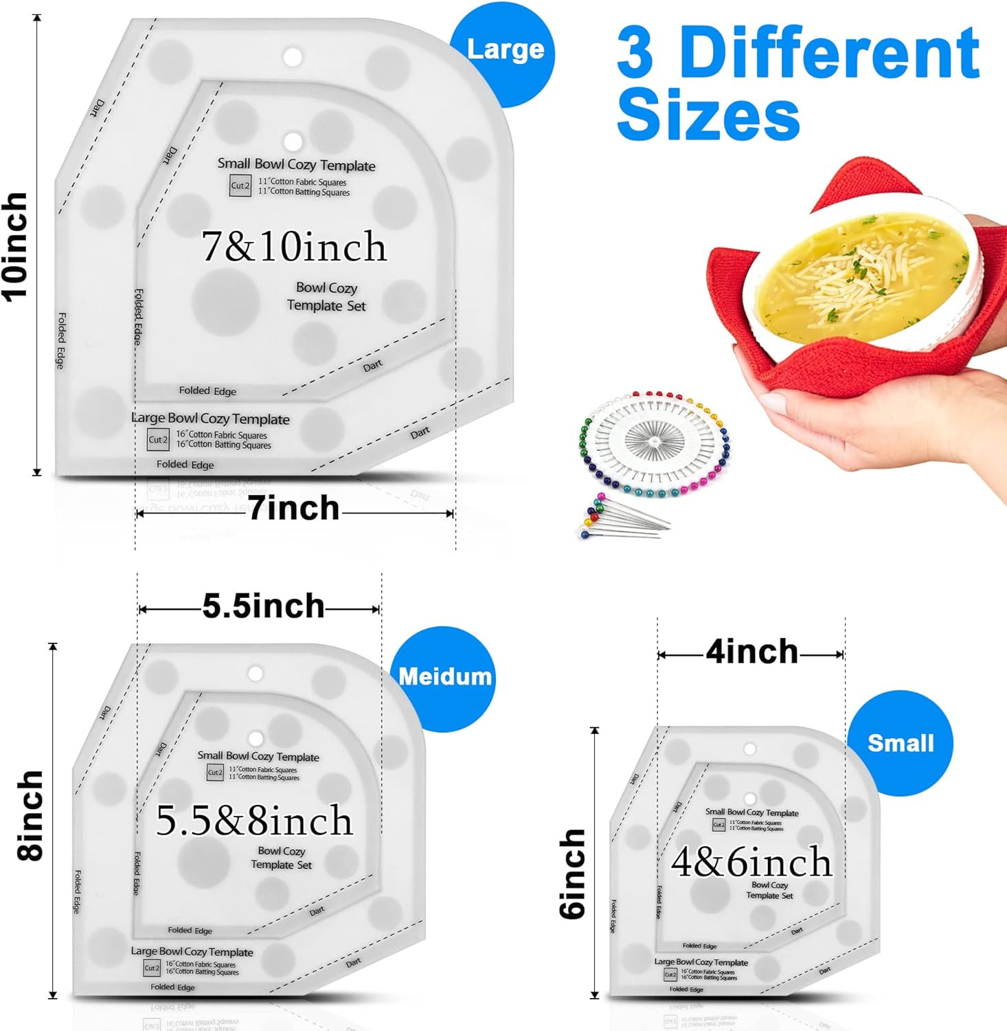 Bowl Cozy Template 3 Sizes, Bowl Cozy Pattern Template Cutting Ruler Set,Sewing