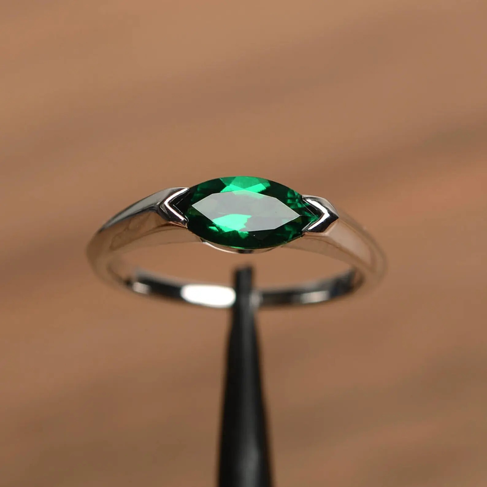 emerald ring May birthstone marquise cut green gemstone 925 sterling silver ring