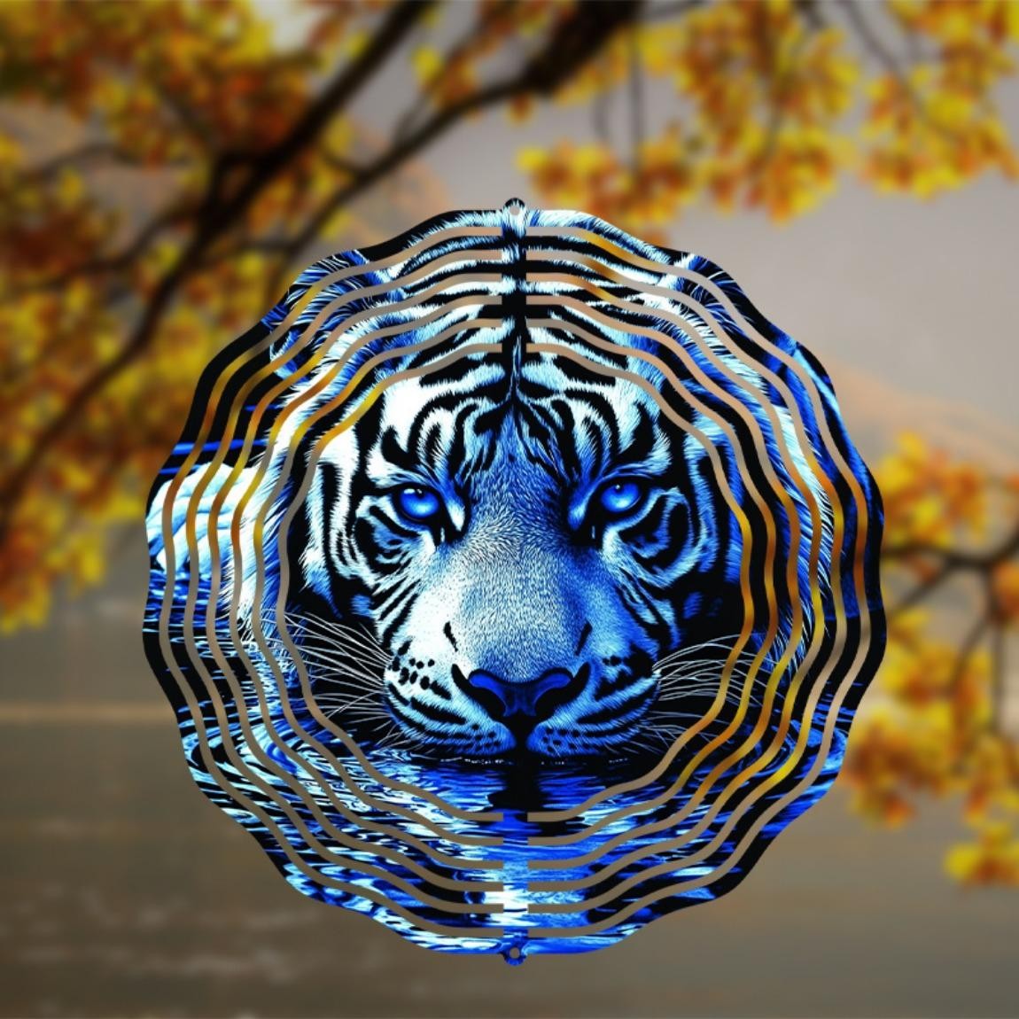 HelloYoung 3D Blue Tiger Metal Wind Spinner Garden Yard Hanging Decor