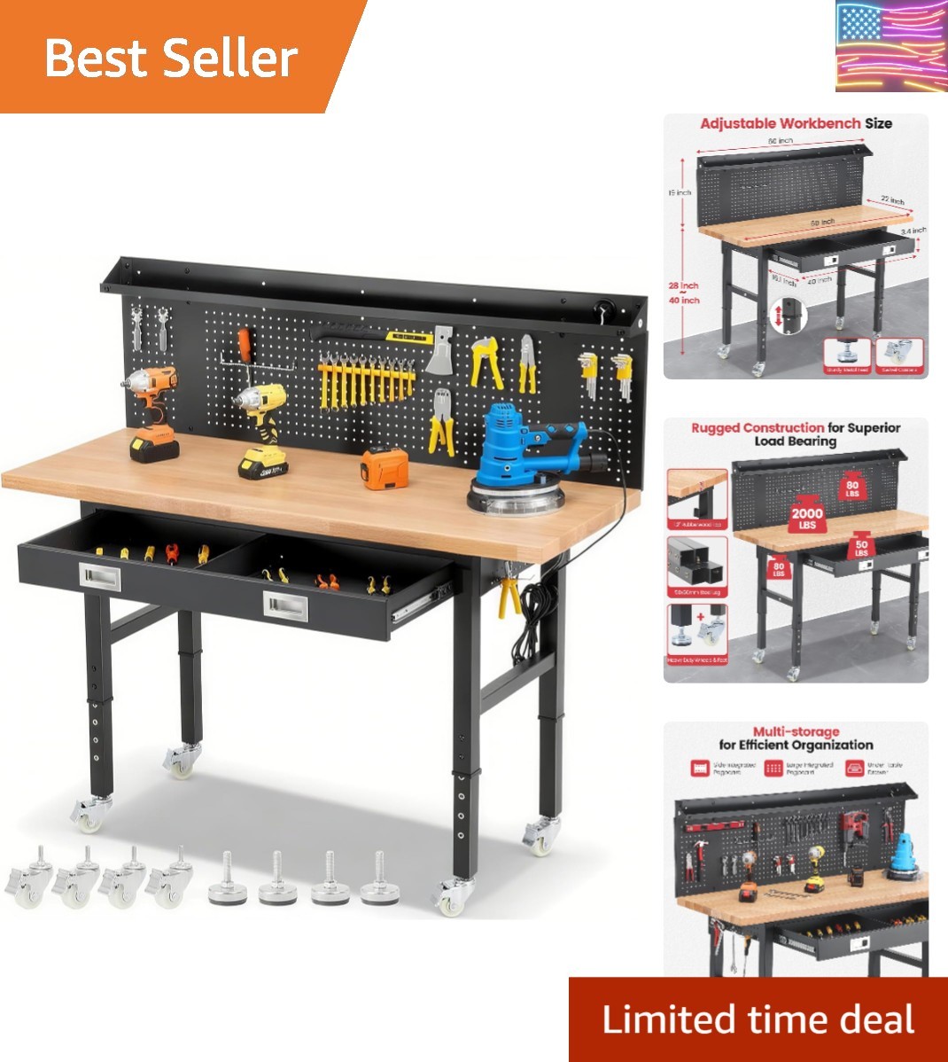 Workbench with Wheels 60 Inch Heavy Duty Rubberwood Tabletop Work Bench for G...