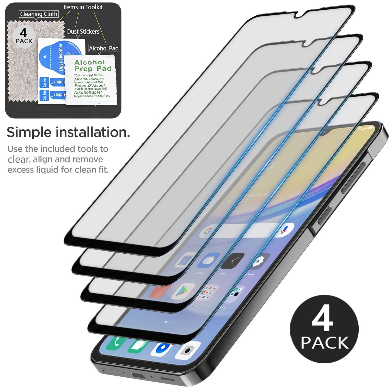 4Packs For Samsung Galaxy A15 Clear Tempered Glass Screen Protector Transparent
