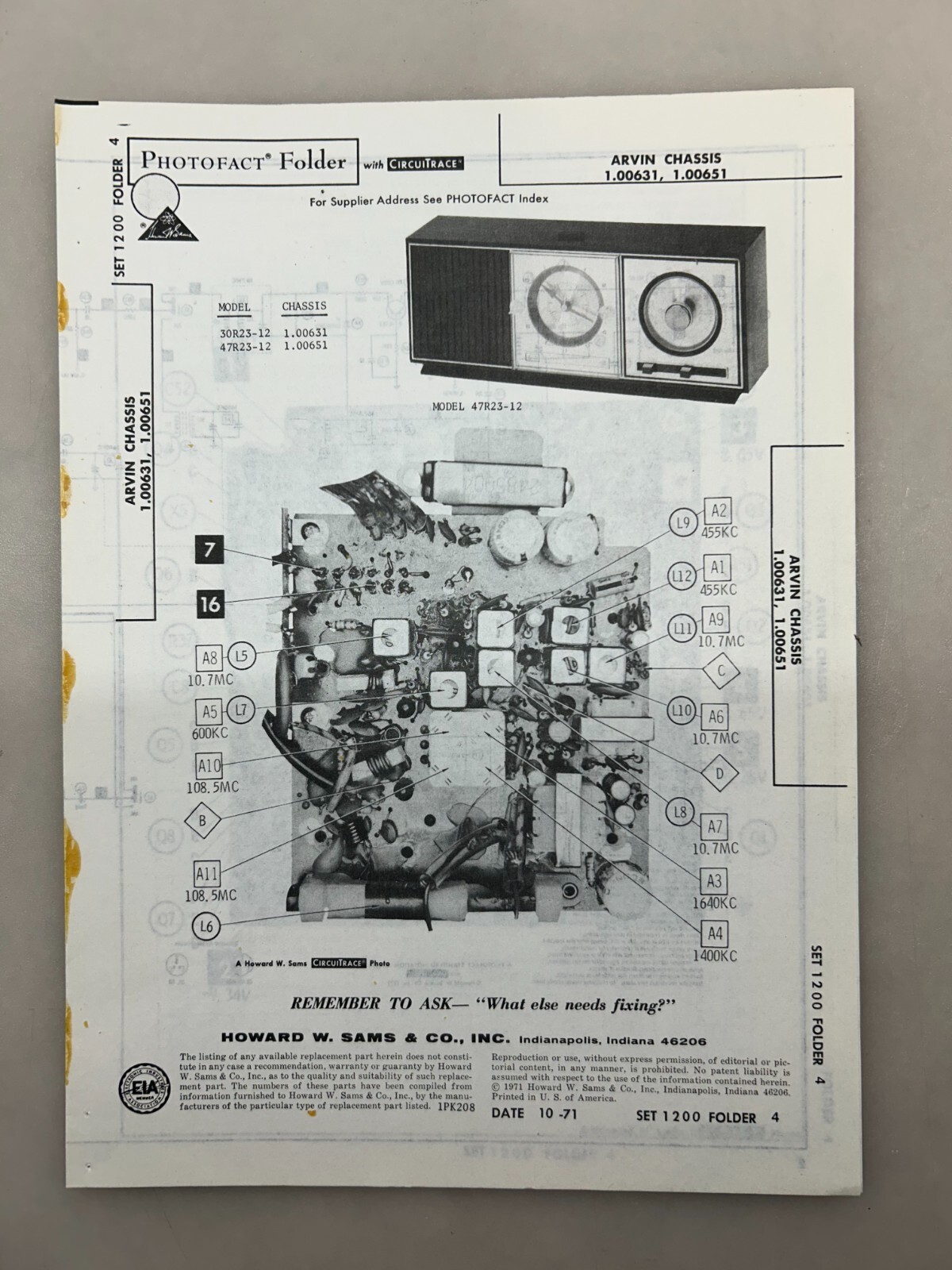 Arvin 1.00631 00651 Service Manual Sams Photofact Free Shipping