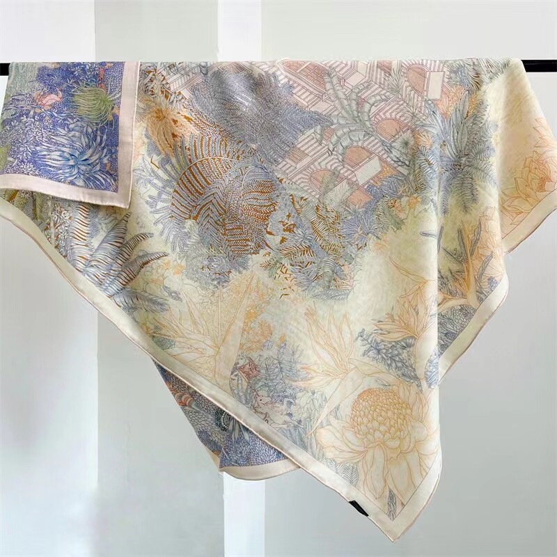 Pure 70% Cashmere 30% Silk Wrap Scarf Garden Flowers Double Face Print Shawl 53"