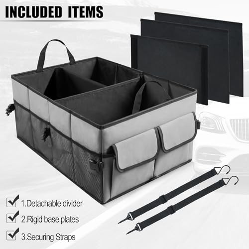 UYYE Auto Collapsible Trunk Organizer, 3 Large Compartments and 6 Pockets Grey