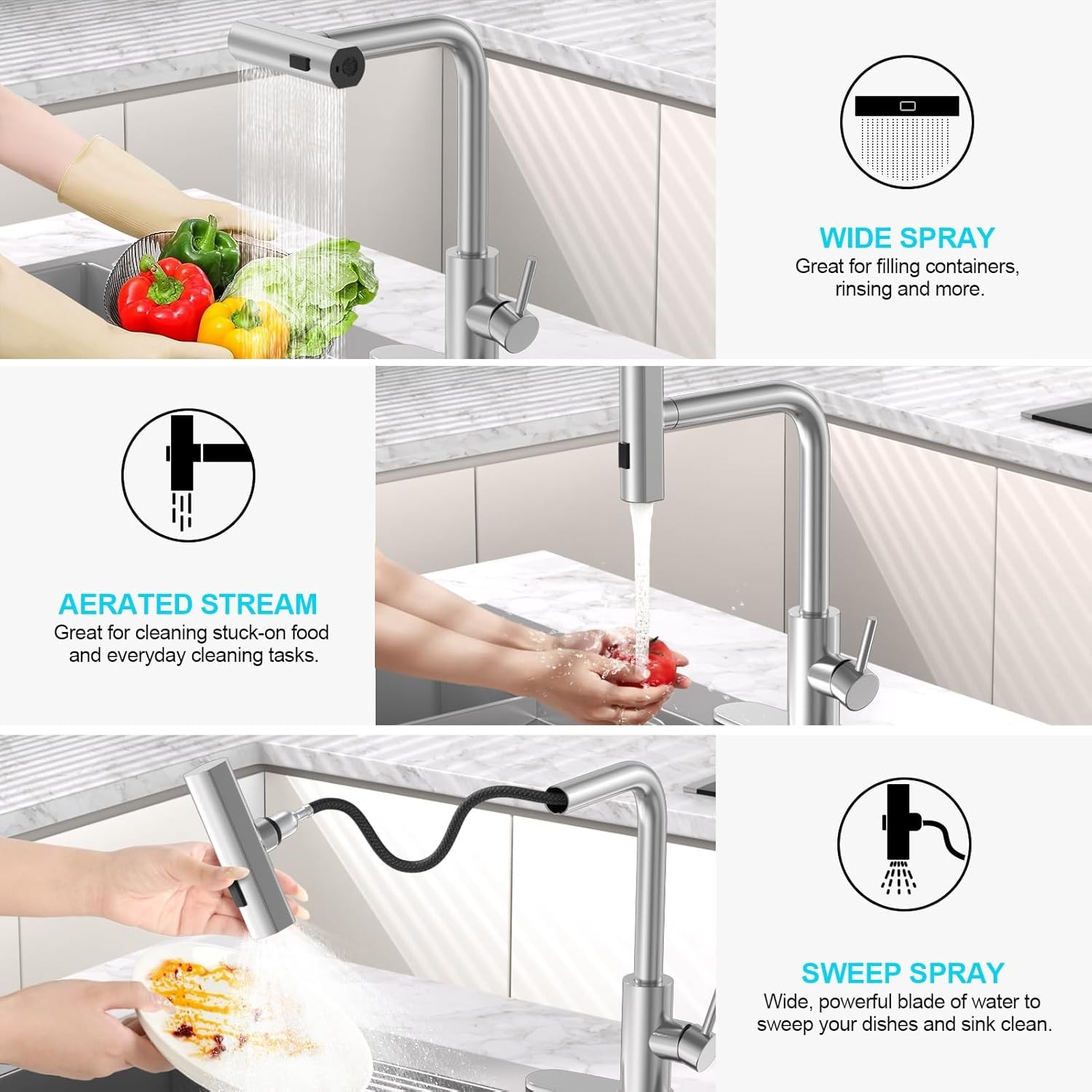 Brushed Nickel Kitchen Faucets with Pull down Sprayer & Soap Dispenser