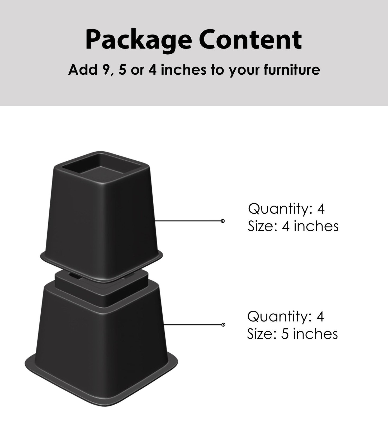 8 Pack 9 Inch Black Bed Risers Stackable Lifts 4" 5" 9" Heights Sofa Desk