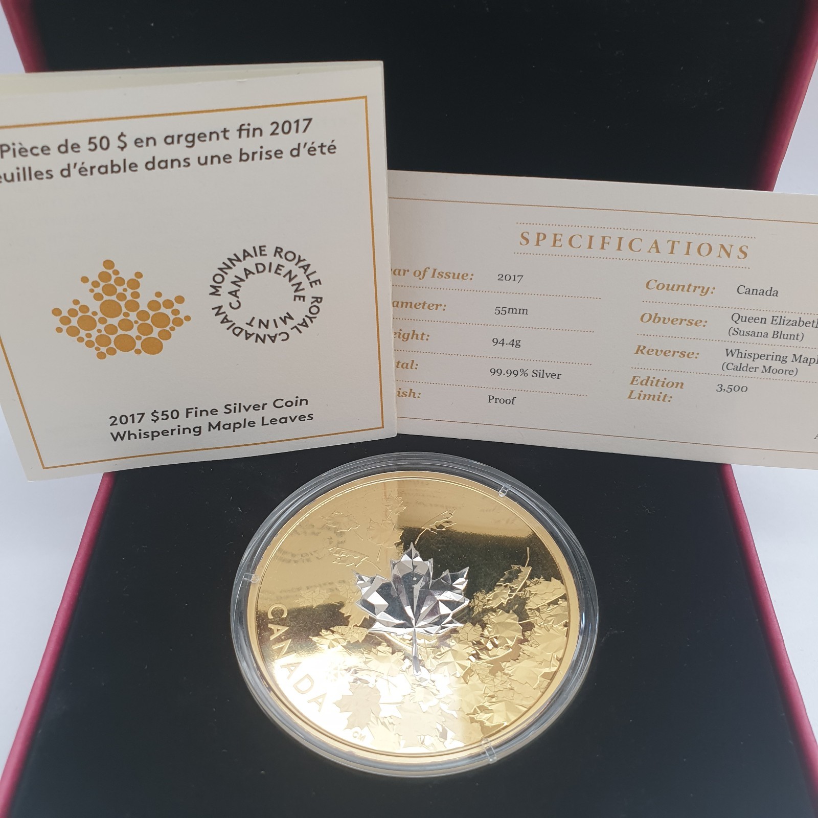 2017 Canada $50 Fine Silver Coin Whispering Maple Leaves Canadian Mint Box 9999