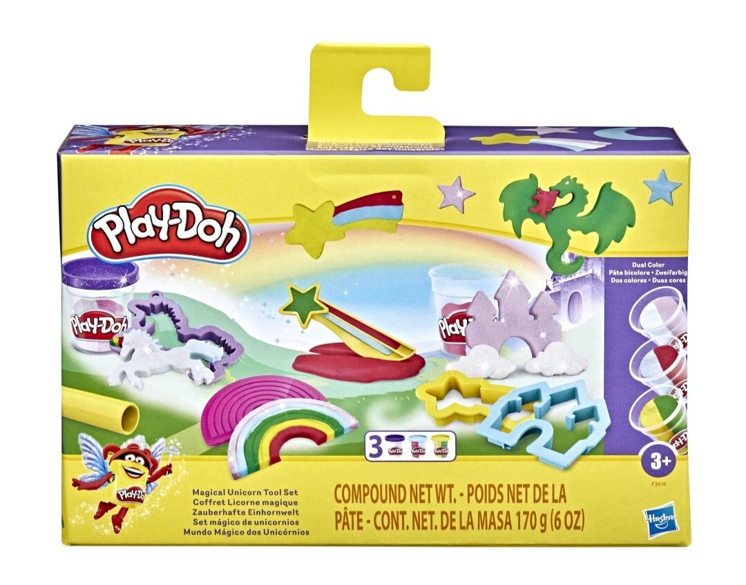 Play-Doh Magical UNICORN TOOL SET, 13 Piece Set, Includes 3 Dual Color Dohs, NEW
