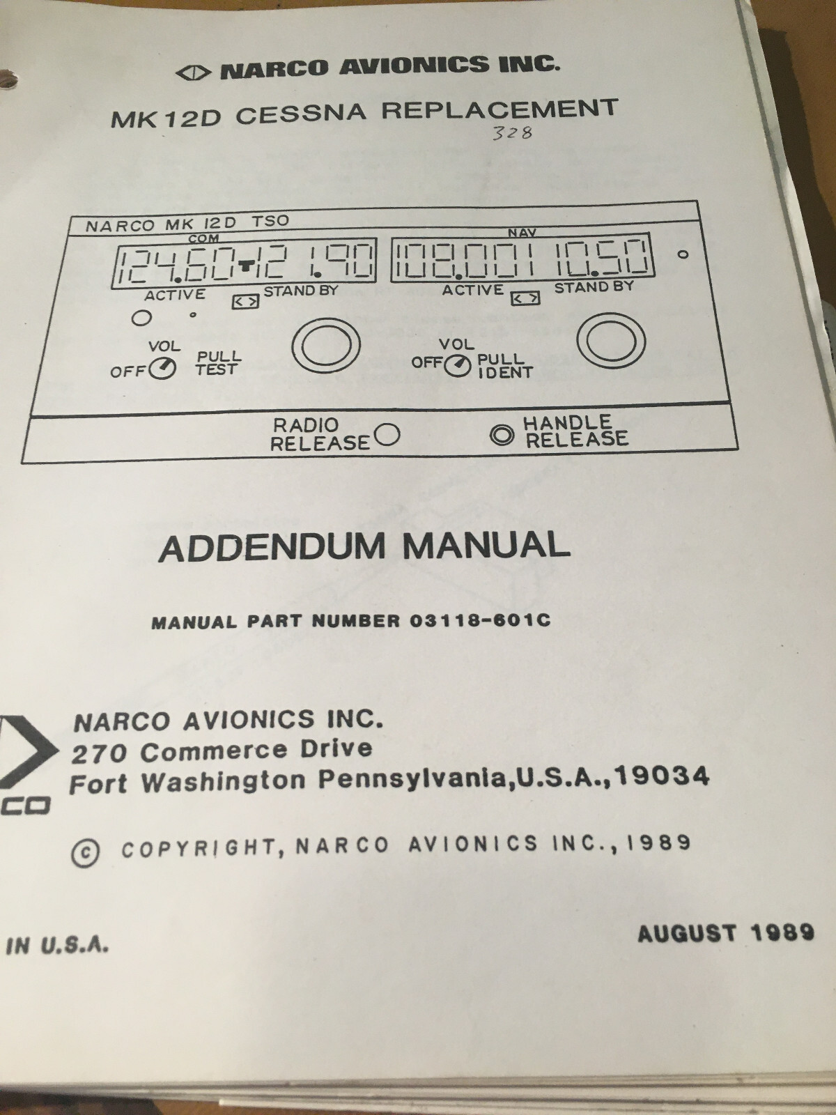 Narco MK-12D Cessna Replacement Addendum Maintenance manual