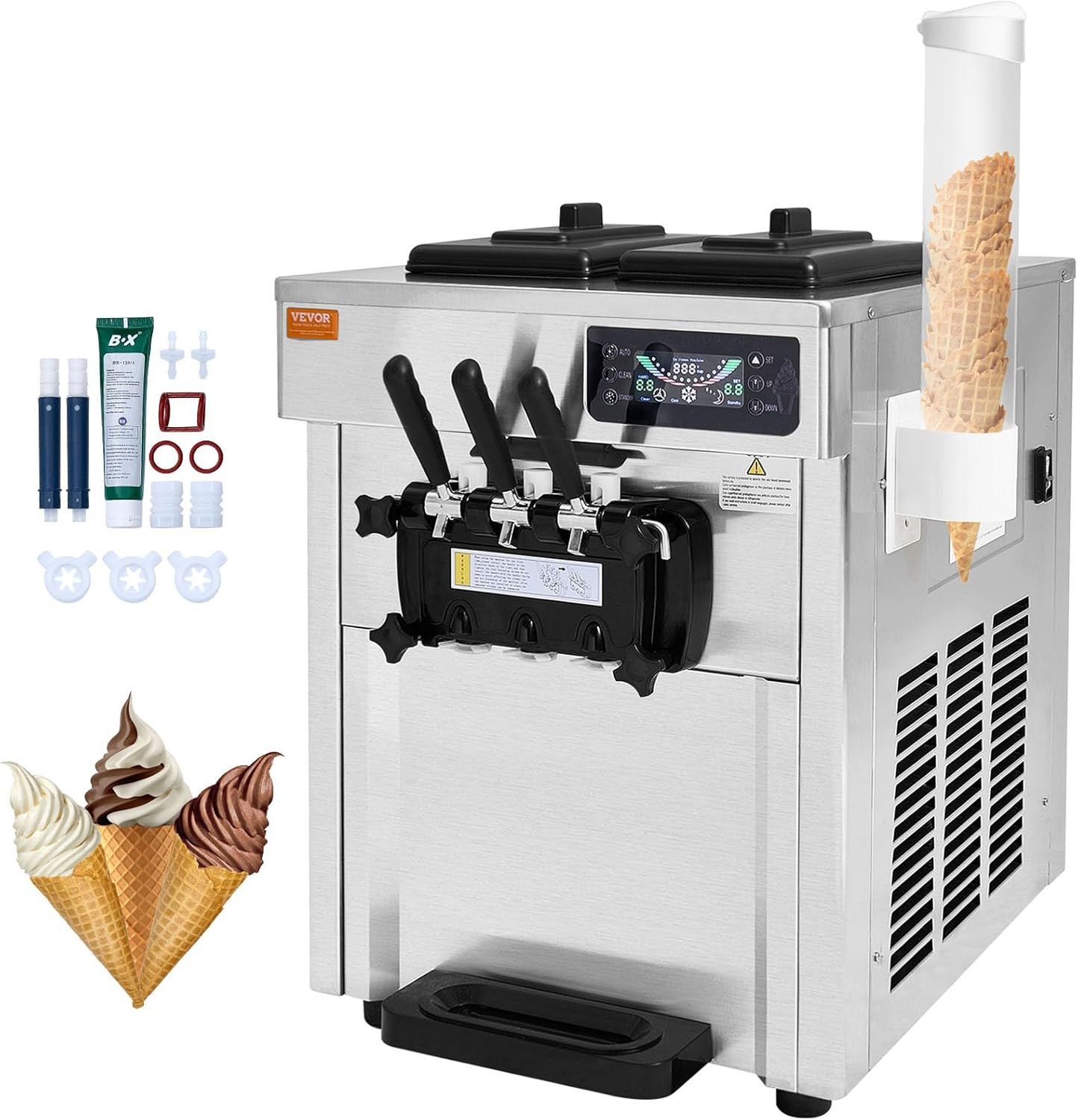 3-Flavor Soft Serve Ice Cream Machine with Auto Clean - 1850W, 18-28 L/H