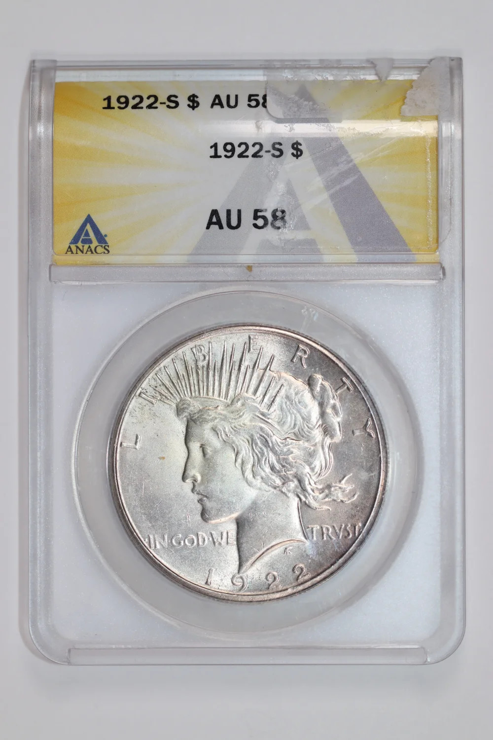1922-S PEACE DOLLAR ANACS AU58