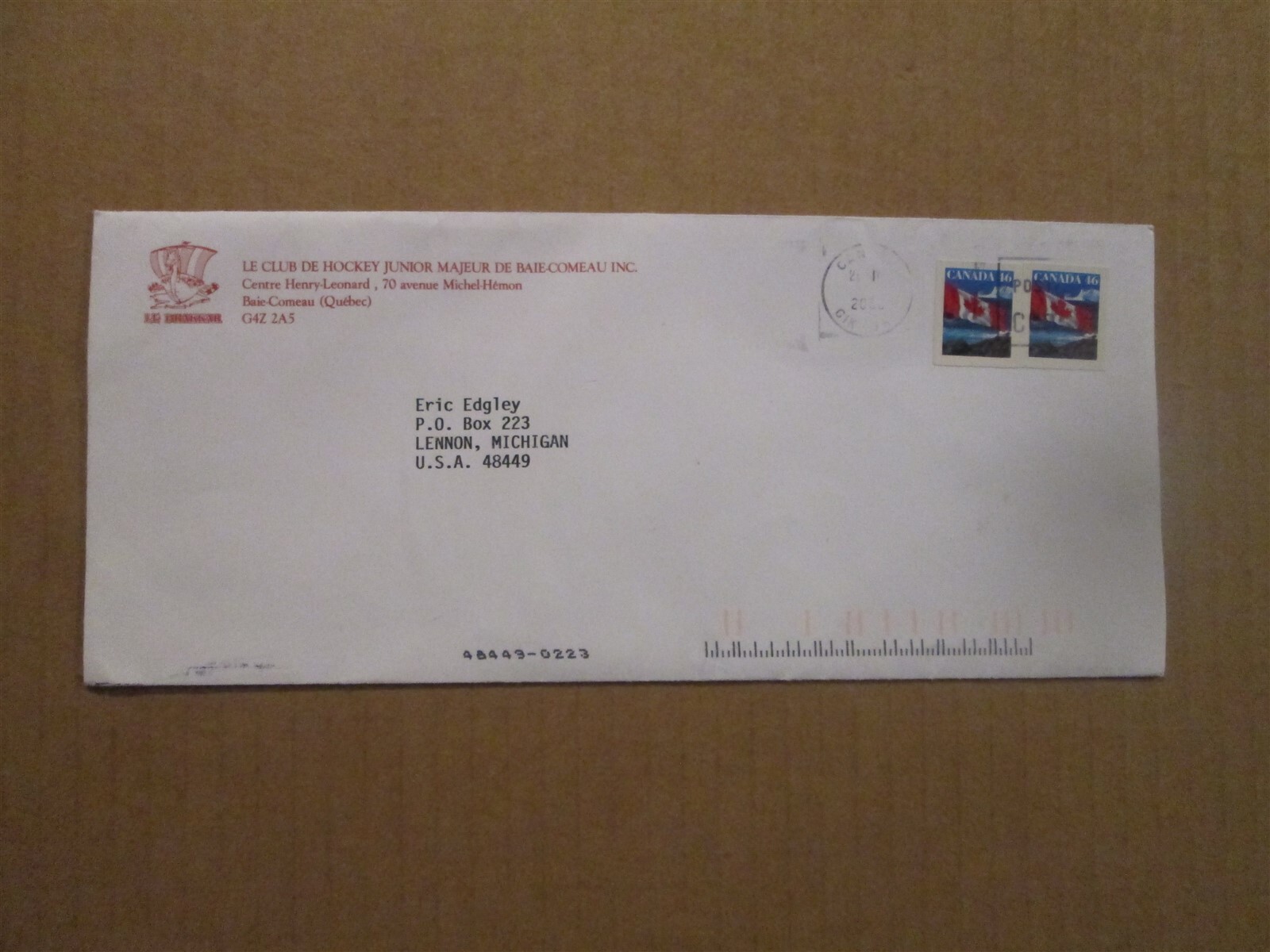 QMJHL Baie-Comeau Drakkar Vintage Dated 2000 Team Logo Business Envelope