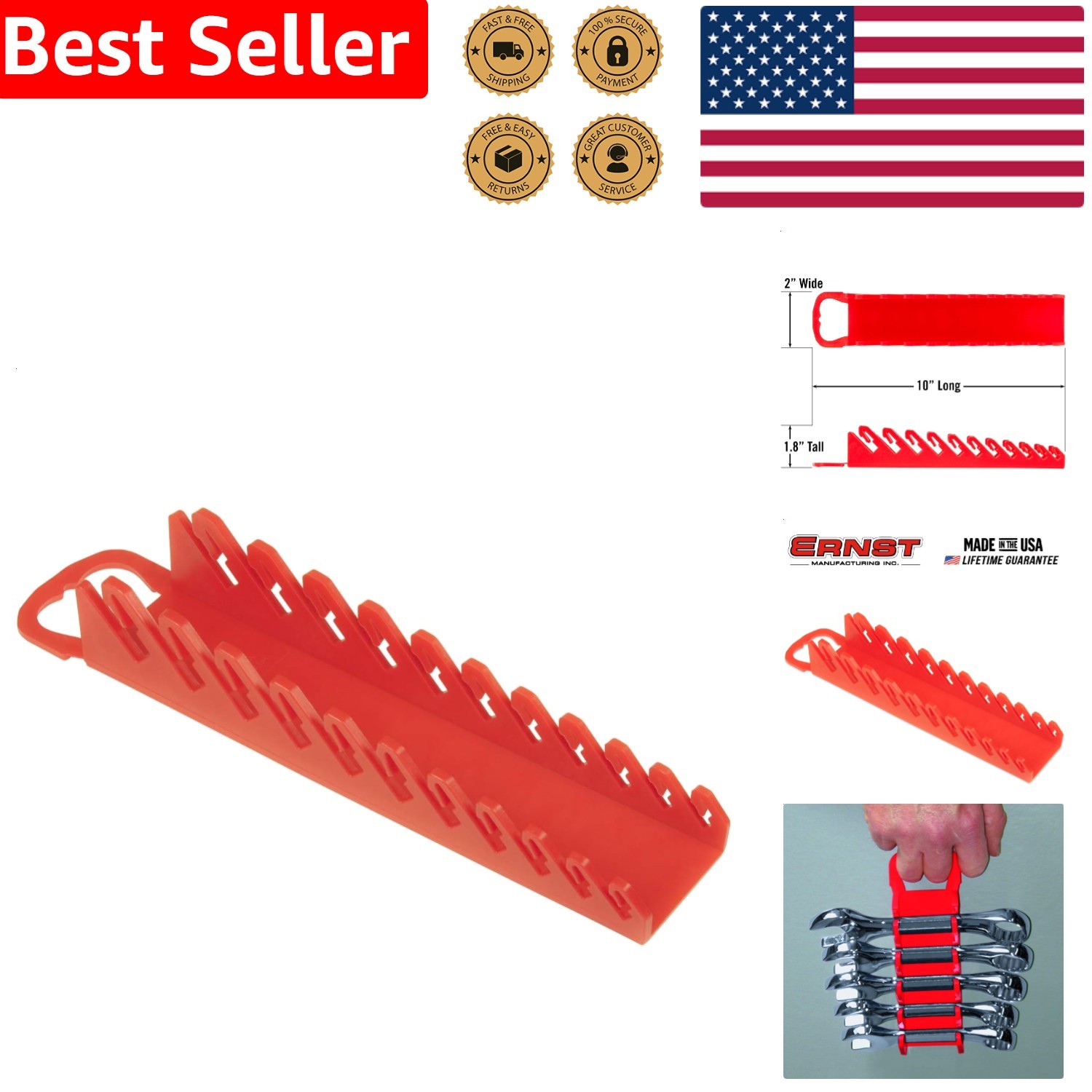 Red Gripper Wrench Organizer 11 Stubby Tool Holder Mechanic Toolbox Space Saver