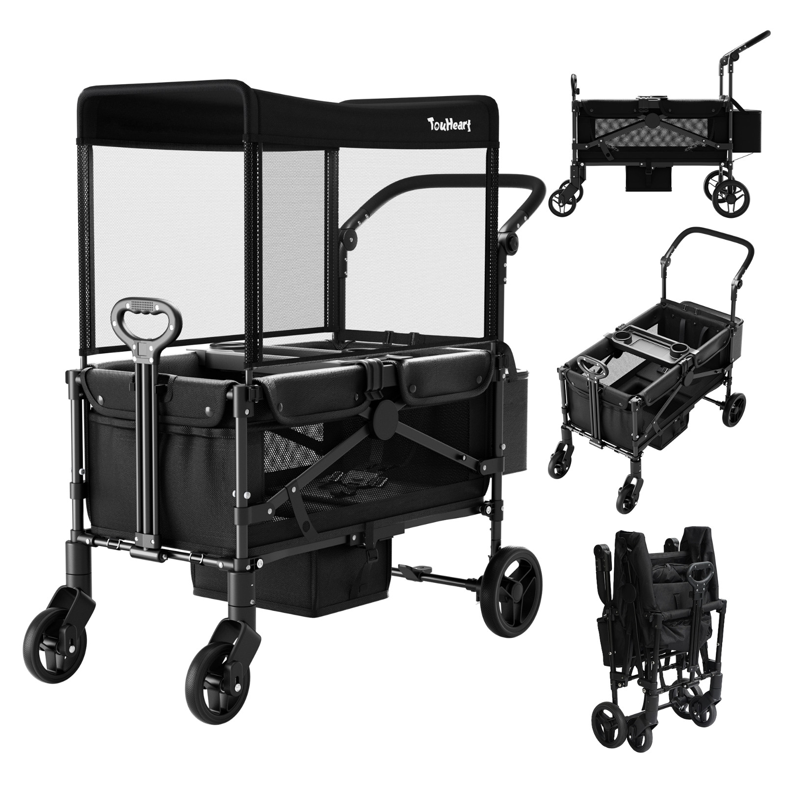 TouHeart Foldable Wagon Stroller for 2 Kids with Canopy&Adjustable push handle