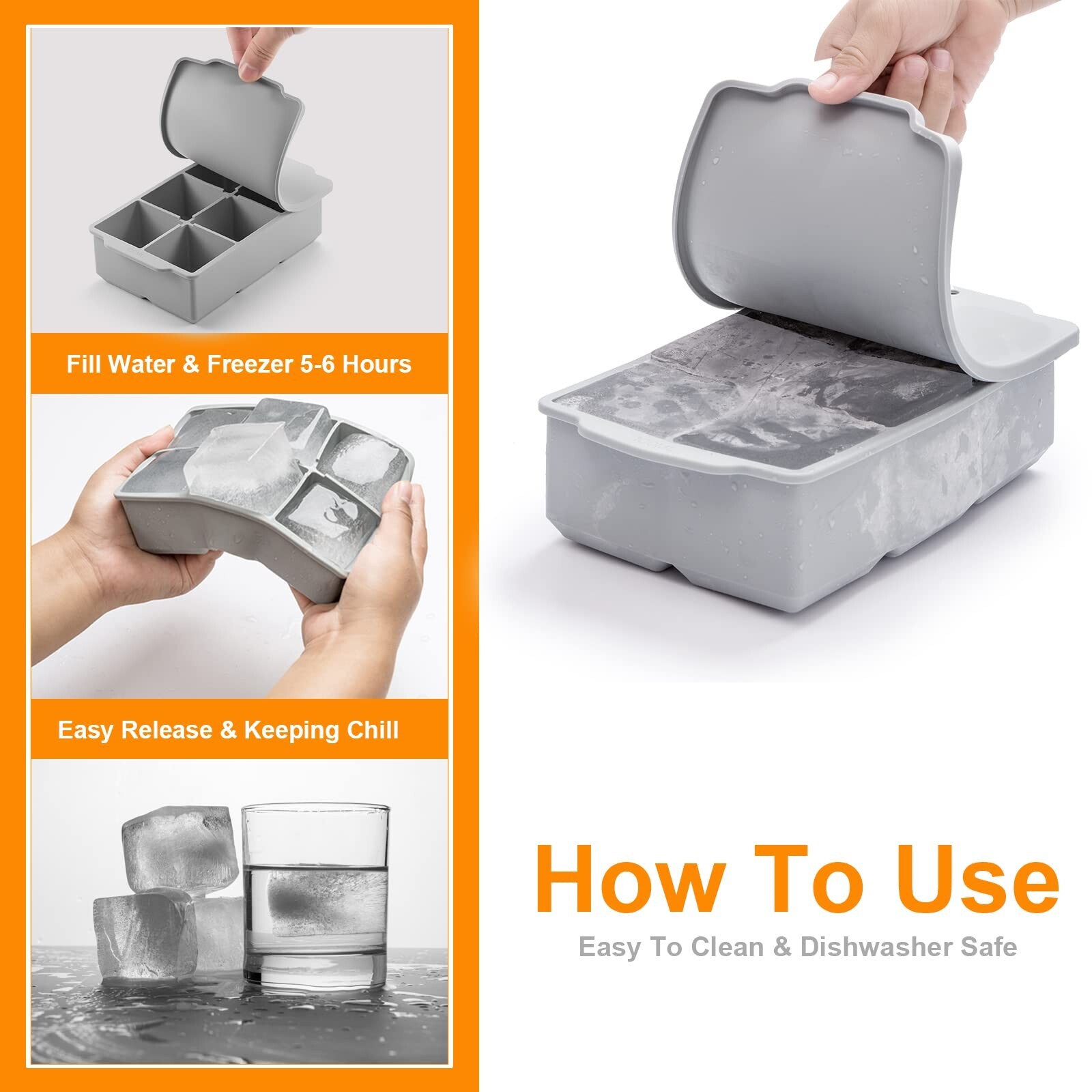 Nax Caki Large Ice Cube Tray with Lid, Stackable Big Silicone Square Ice Cube...