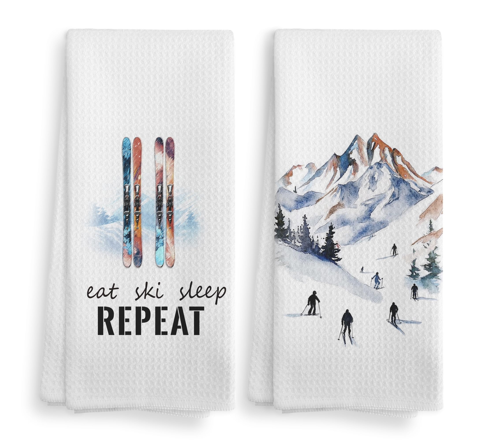 Winter Skiing Skier Kitchen Towels and Dishcloths Set of 2 Ski Skiing Gifts f...