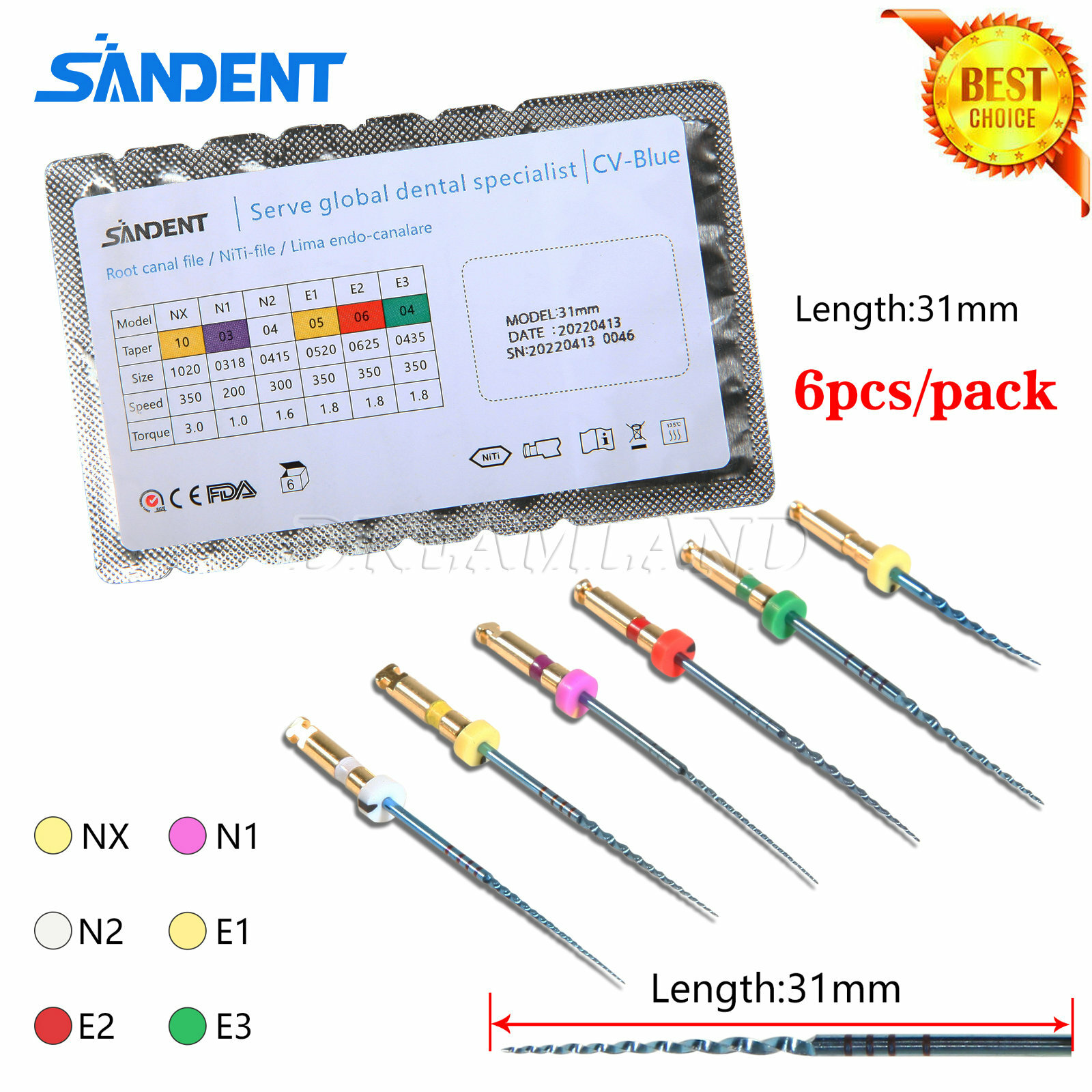 Dental Endo NITI Rotary Files Assorted 6 Files for Curved Canal 31mm