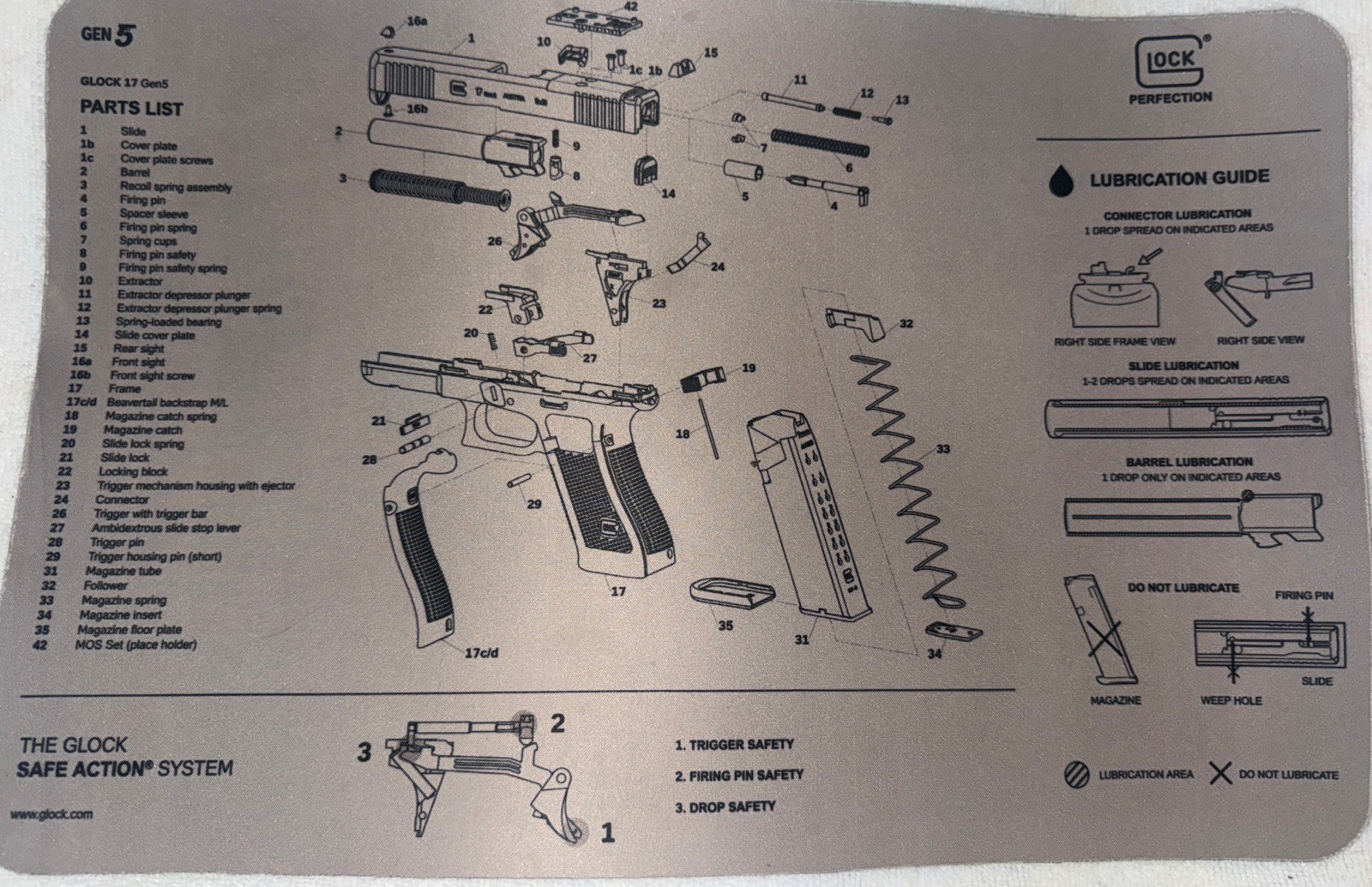 NEW Glock AS10064 OEM Gen5 Pistol Diagram Bench Mat, Gray, 11" x 17"