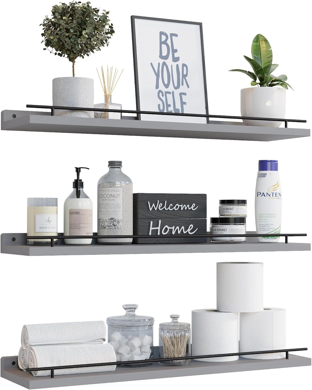 WOPITUES Floating Shelves 24 inch with Black Metal Guardrail, 23.6 inch, Grey