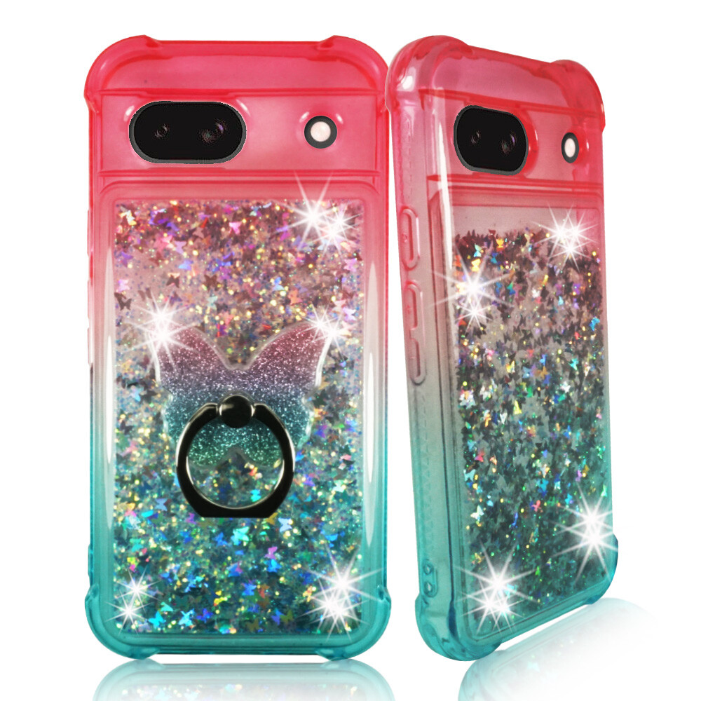For Google Pixel 8a (6.1") Liquid Glitter Bling Case Phone Ring Stand Shockproof