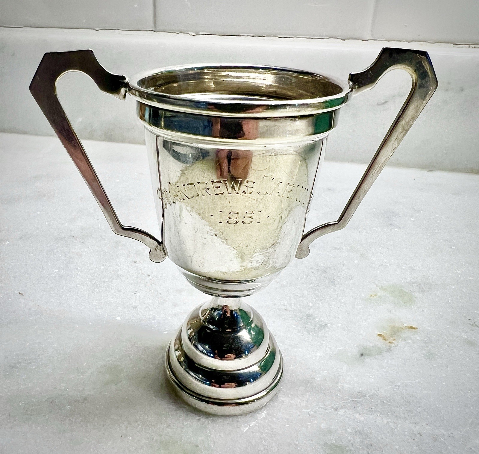 Vintage 4” Trophy Cup Engraved English Silver Plate - 1951 St Andrew’s Carnival