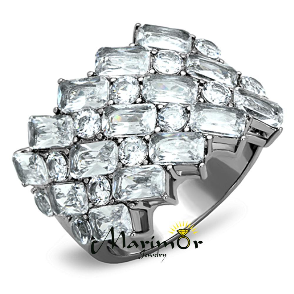 Stunning Silver Stainless Steel Wide Band Zirconia Fashion Ring Womens Size 5-10