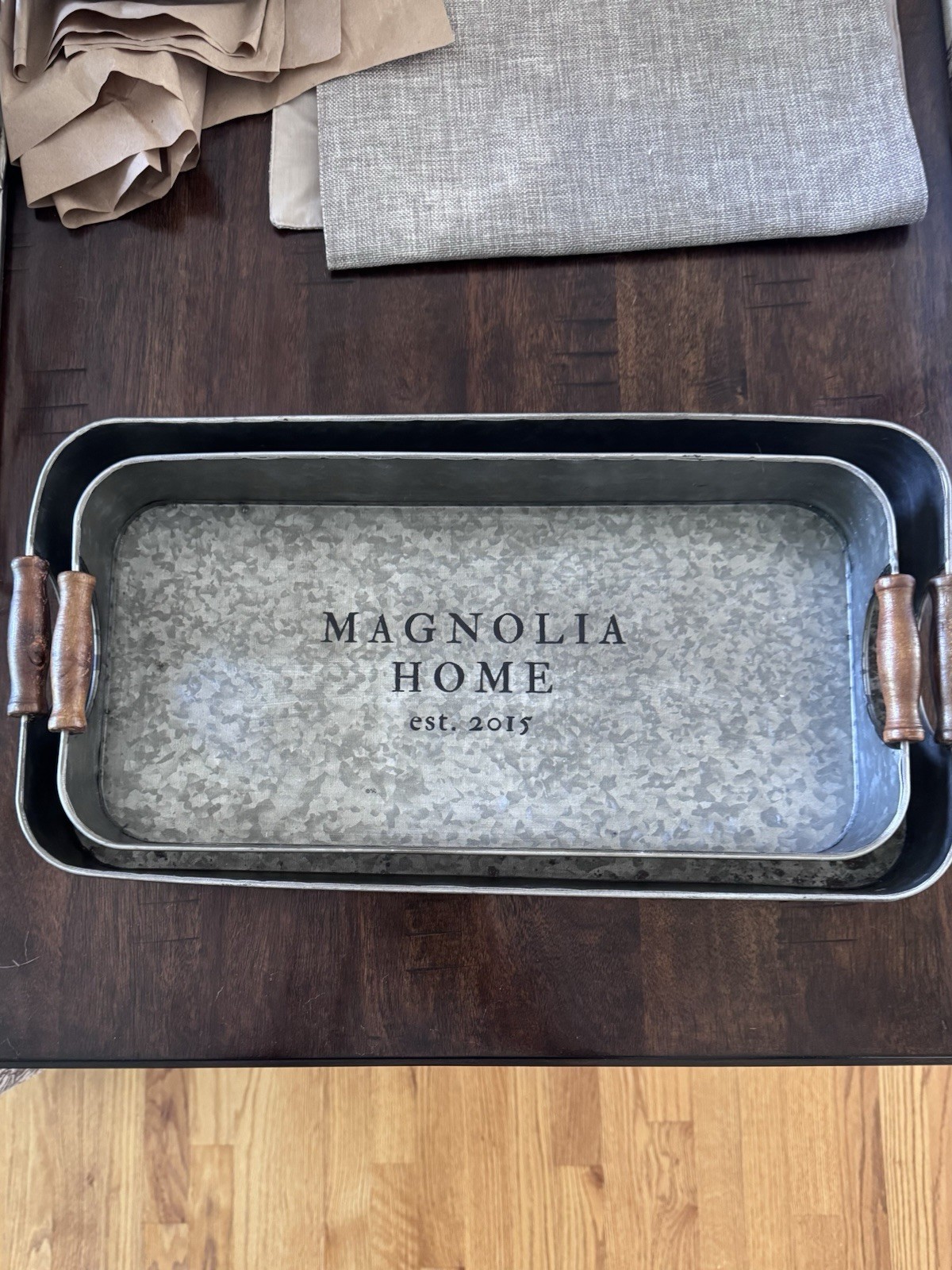 Two (2) Magnolia Home Galvanized Metal Trays Wood Handles Farmhouse Decor