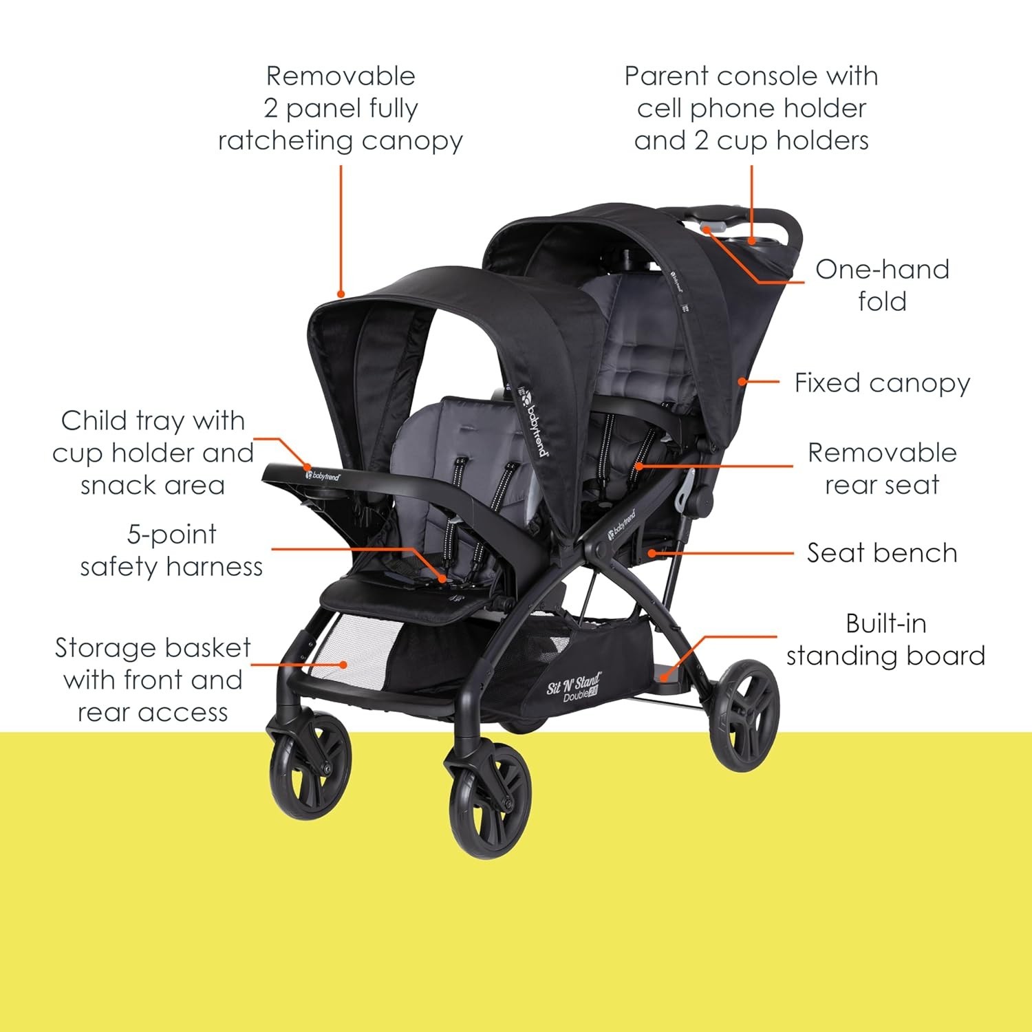 Sit N Stand Double Stroller Dash Black 5 Point Harness Adjustable Canopy