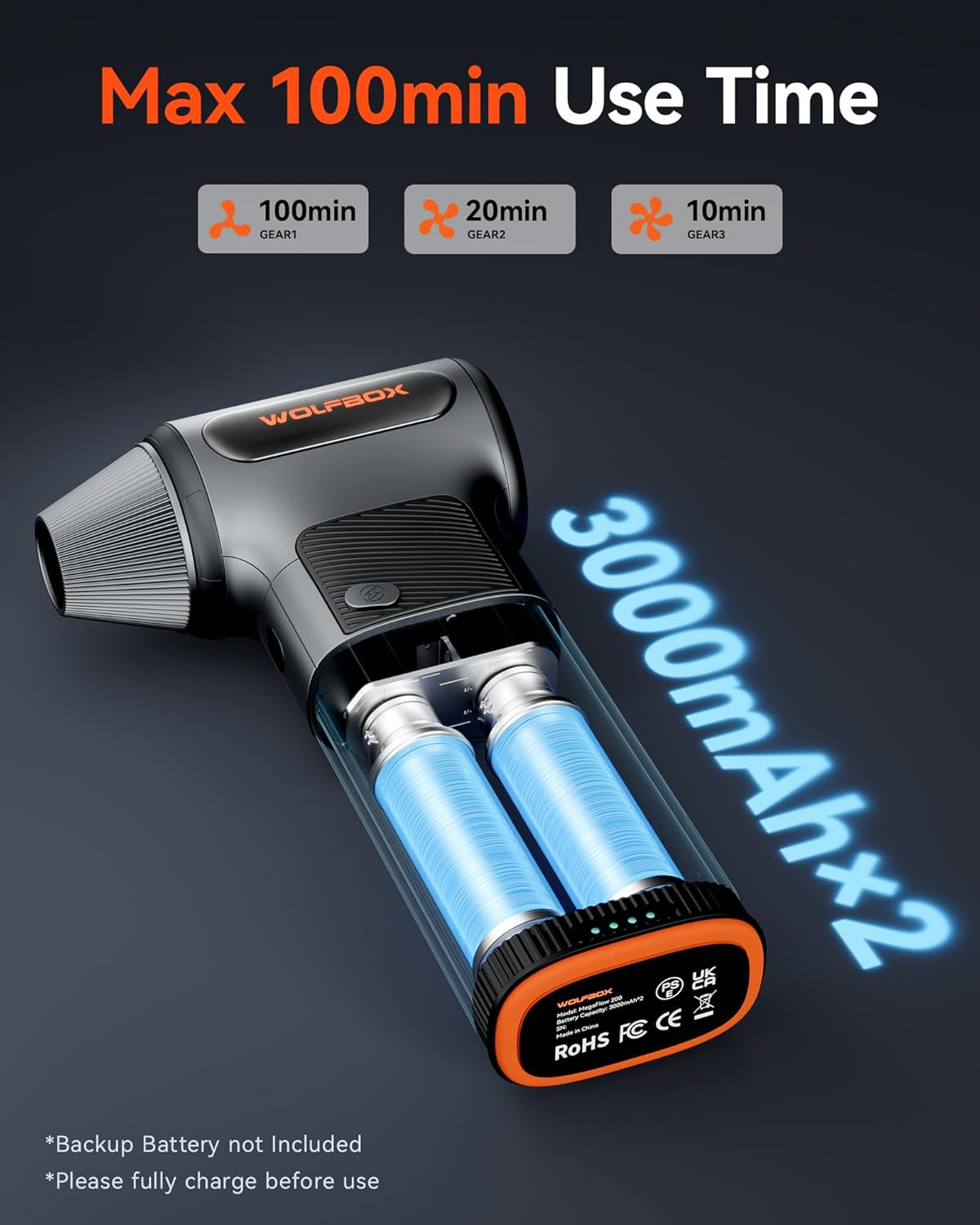WOLFBOX MF200 Compressed Air Duster with Removable Battery & 4 Nozzles, Cordless