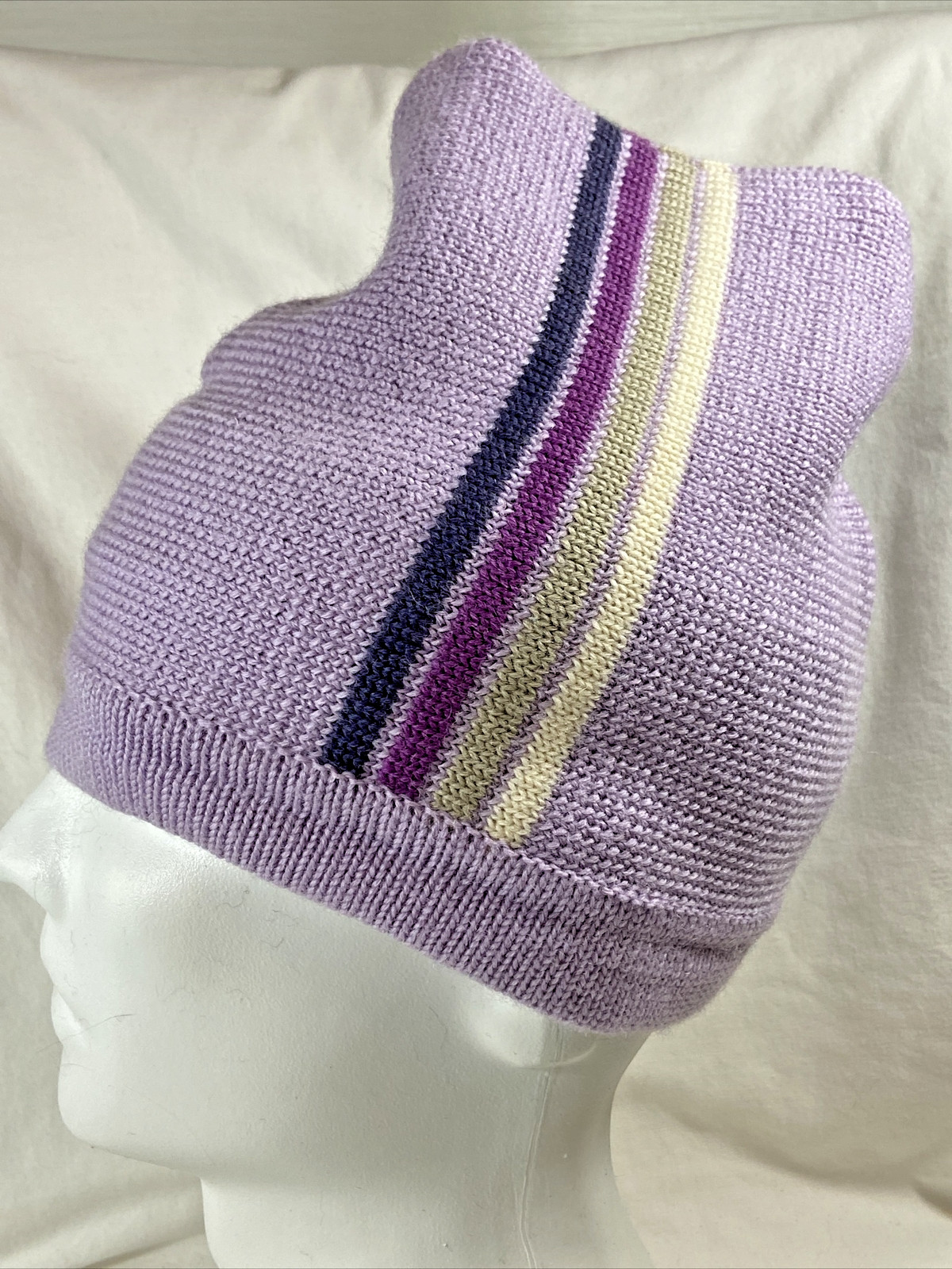 Lands' End Ski Cap 100% Wool Purple w/Stripes Youth Medium
