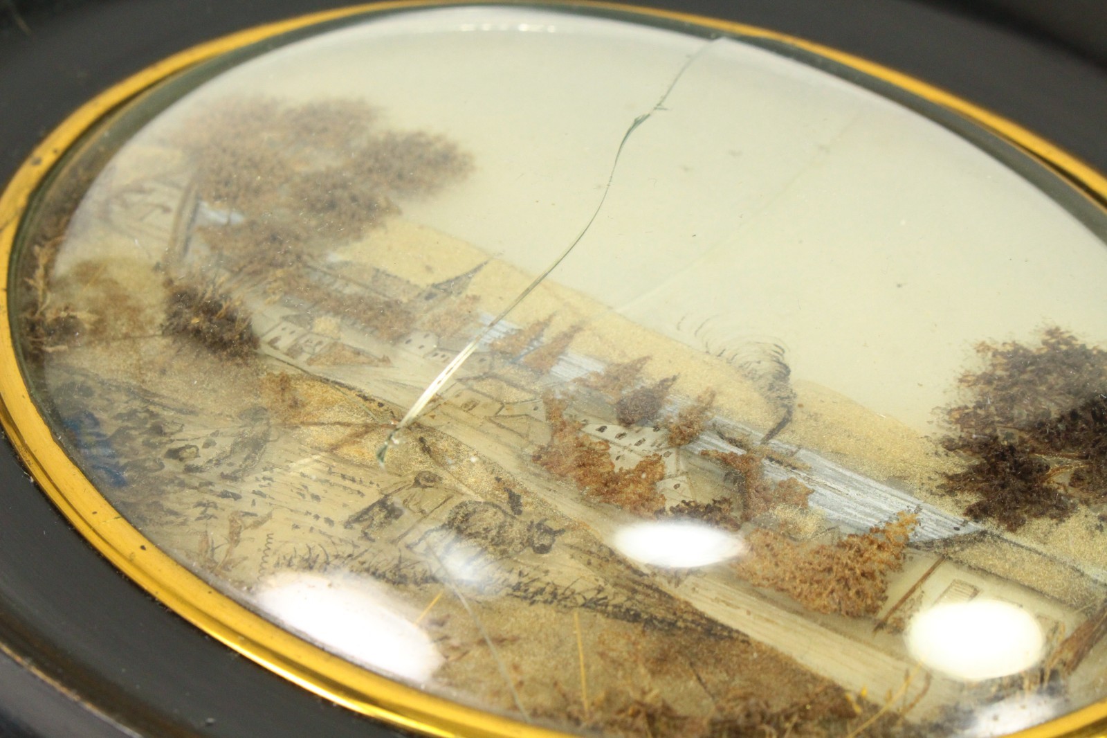 Antique 19th C. Mixed Media Reverse Glass Grisaille Diorama Oval Ebonized Frame