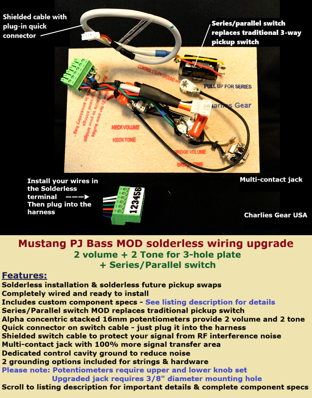 Mustang PJ Bass MOD Solderless wiring harness +Series/Parallel -See CUSTOM SPECS