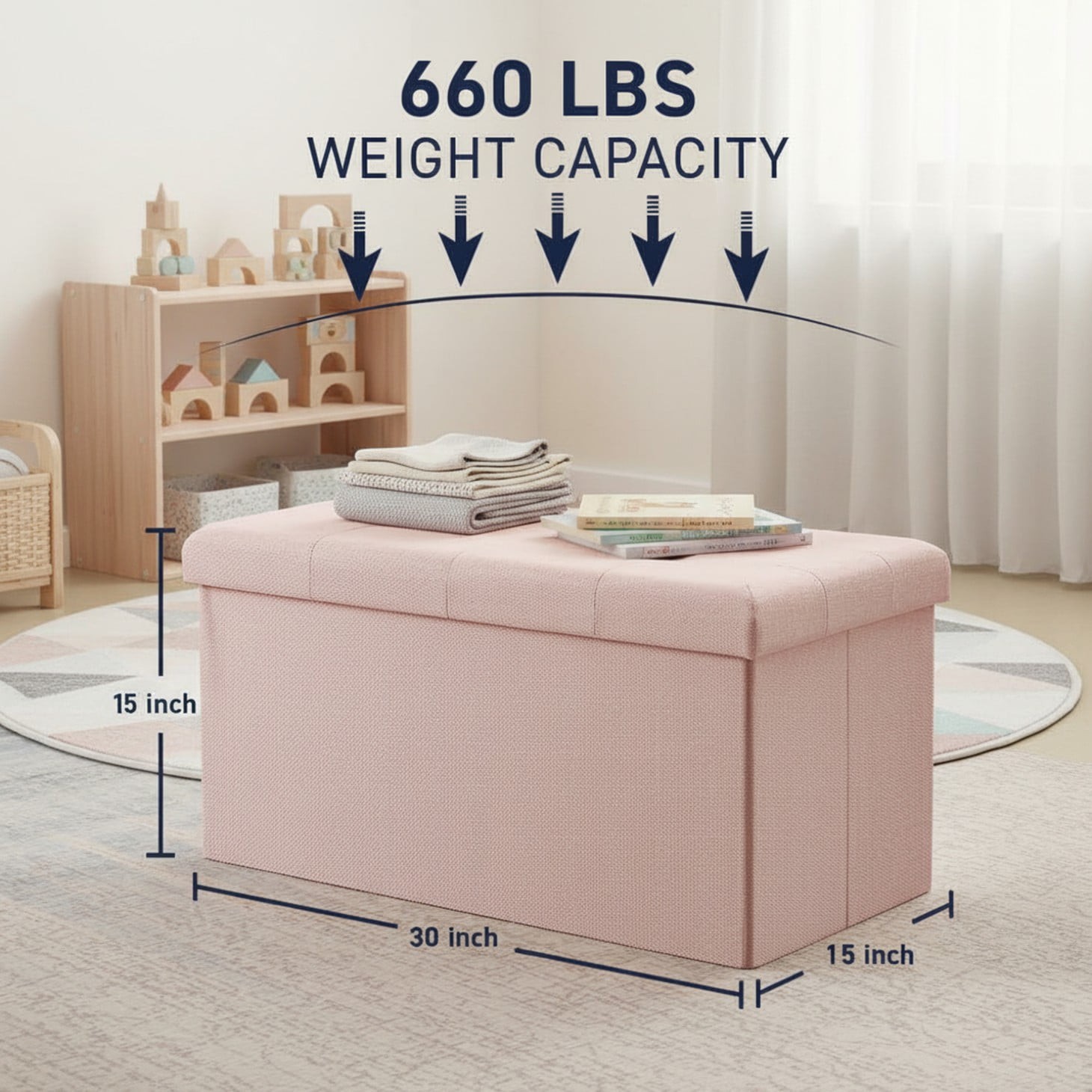30" Storage Ottoman Bench, Foldable Footrest Stool with High Load Capacity