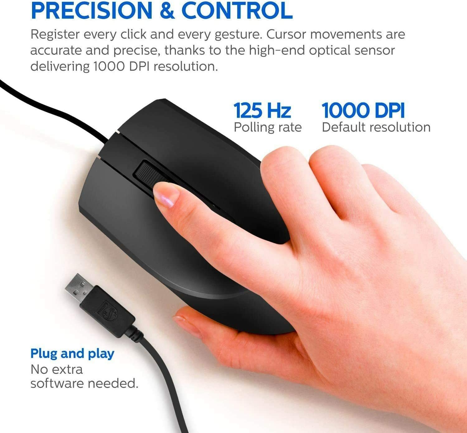 PHILIPS USB Optical Mouse for Home High-Performance with LED Sensor SPK7104