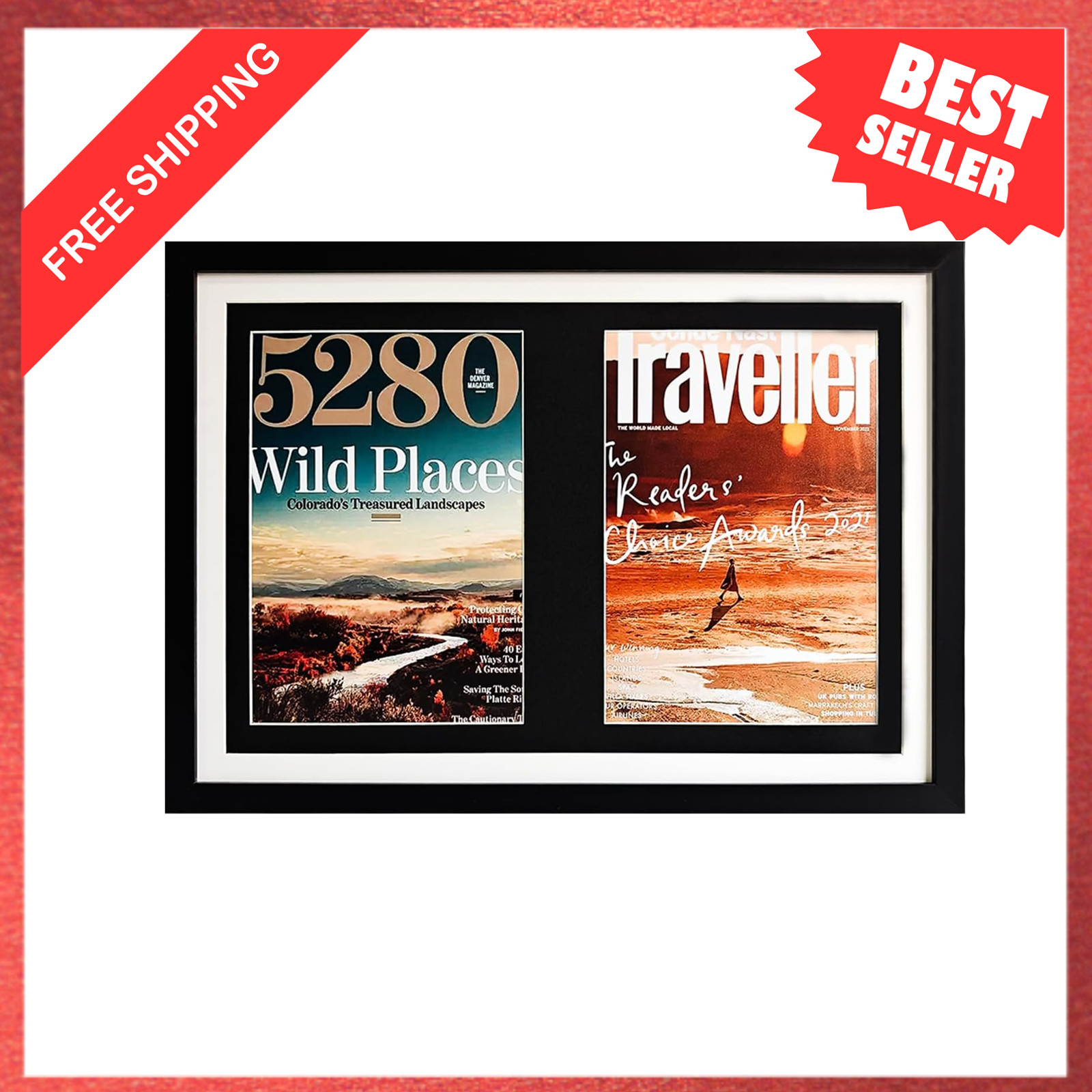Comic Book Display Case, Black Wood Double Magazine Frame, 8.5 x 12 Inch, 14.8 x