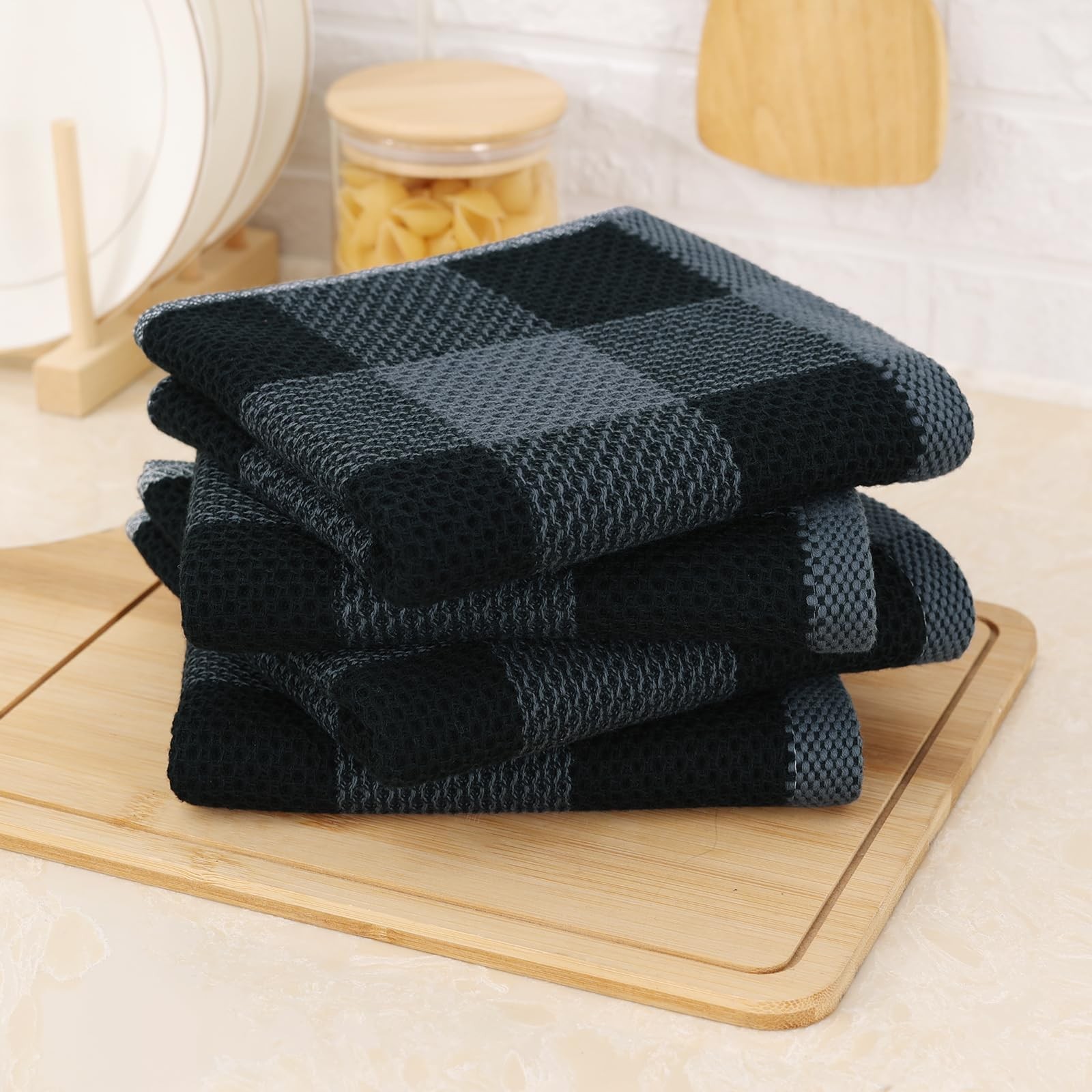 Super Soft 100% Cotton Waffle Kitchen Towels, 4-Pack, Black & Grey Check