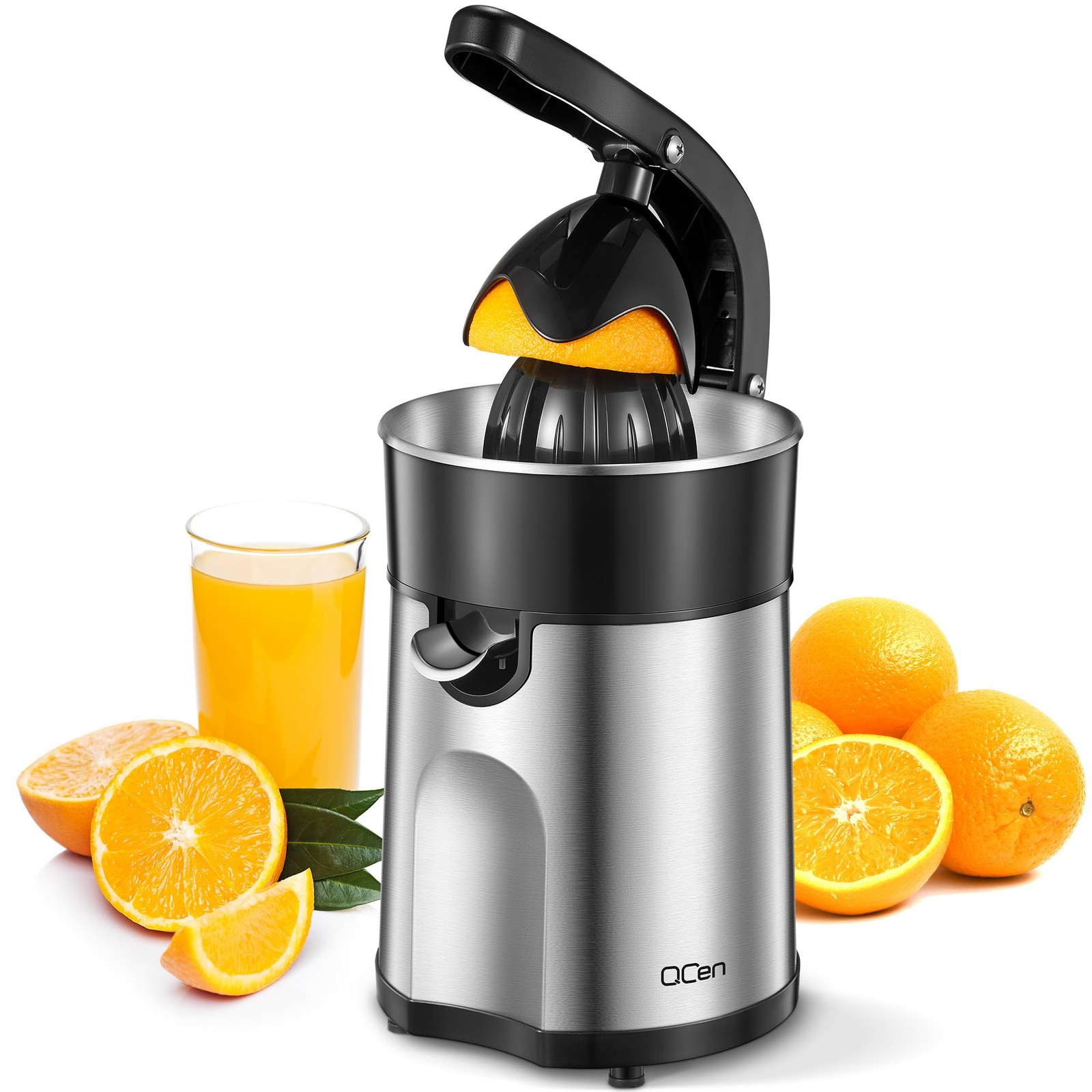 Professional Brushed Stainless Steel Electric Citrus Juicer, 2 Interchangeabl...