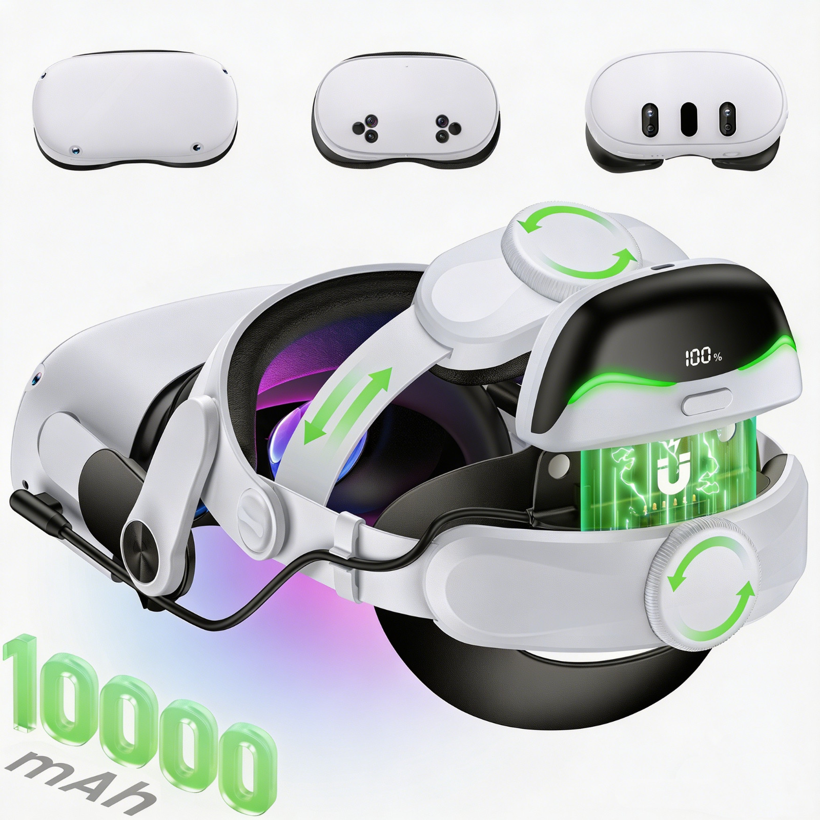 VR Headset Strap for Meta Quest 3S/3/2 10000mAh Hot-Swap Battery VR Accessories