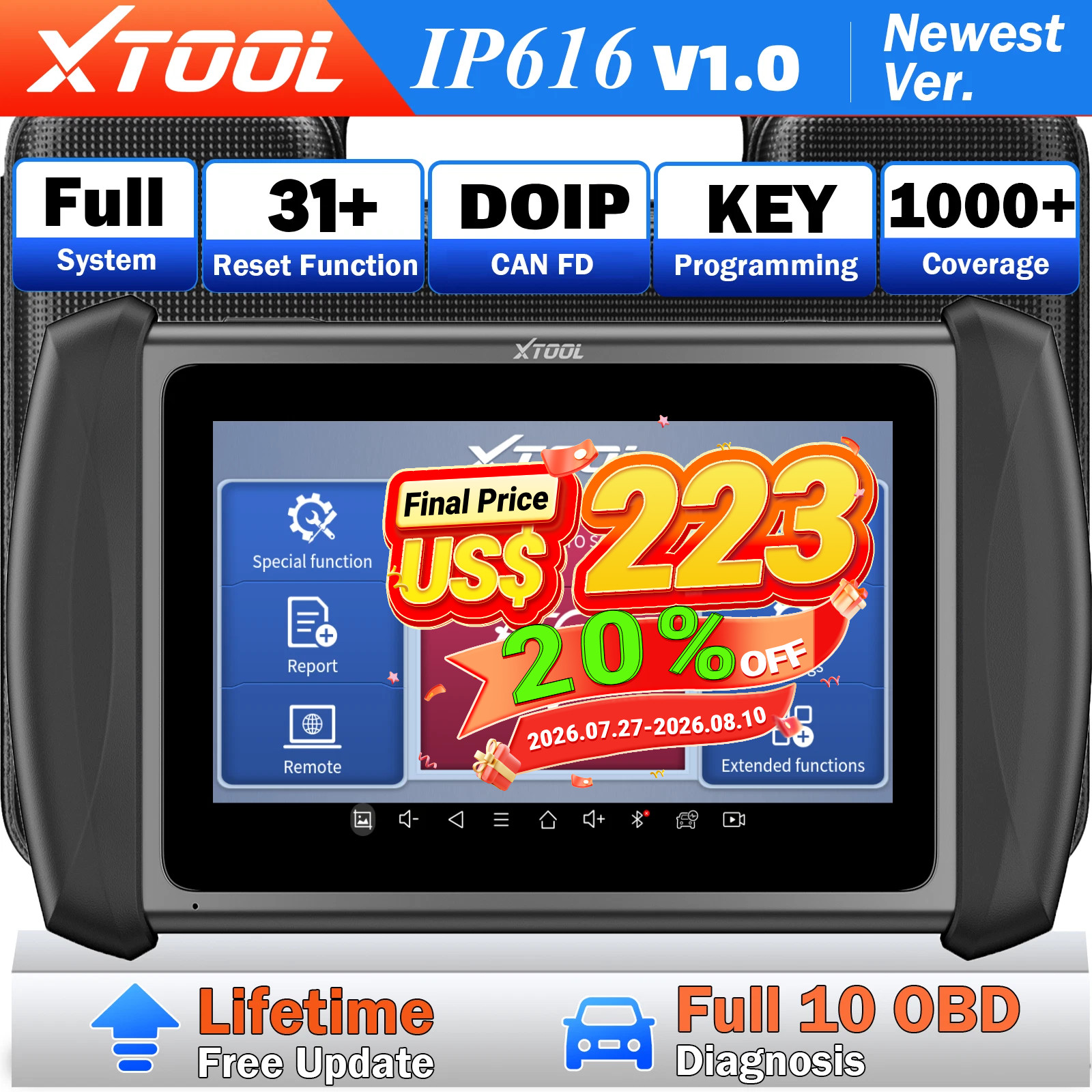 2026 XTOOL IP616 OBD2 Scanner All System Car Diagnostic Tool Key Programming SAS