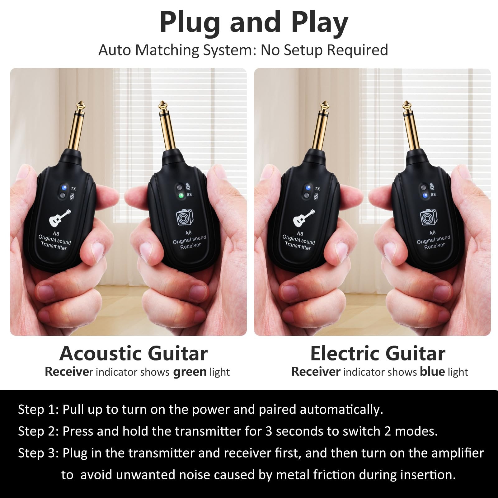 A8 Wireless Guitar System UHF 2 Modes, Rechargeable LiBattery, 100ft Range, P...