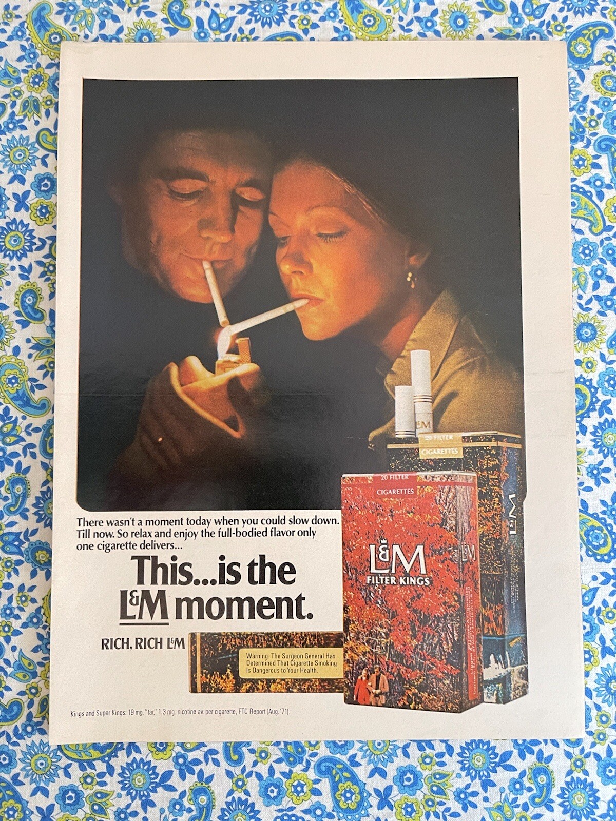 Vintage 1972 L &M Cigarettes Print Ad Couple Sharing Lighter