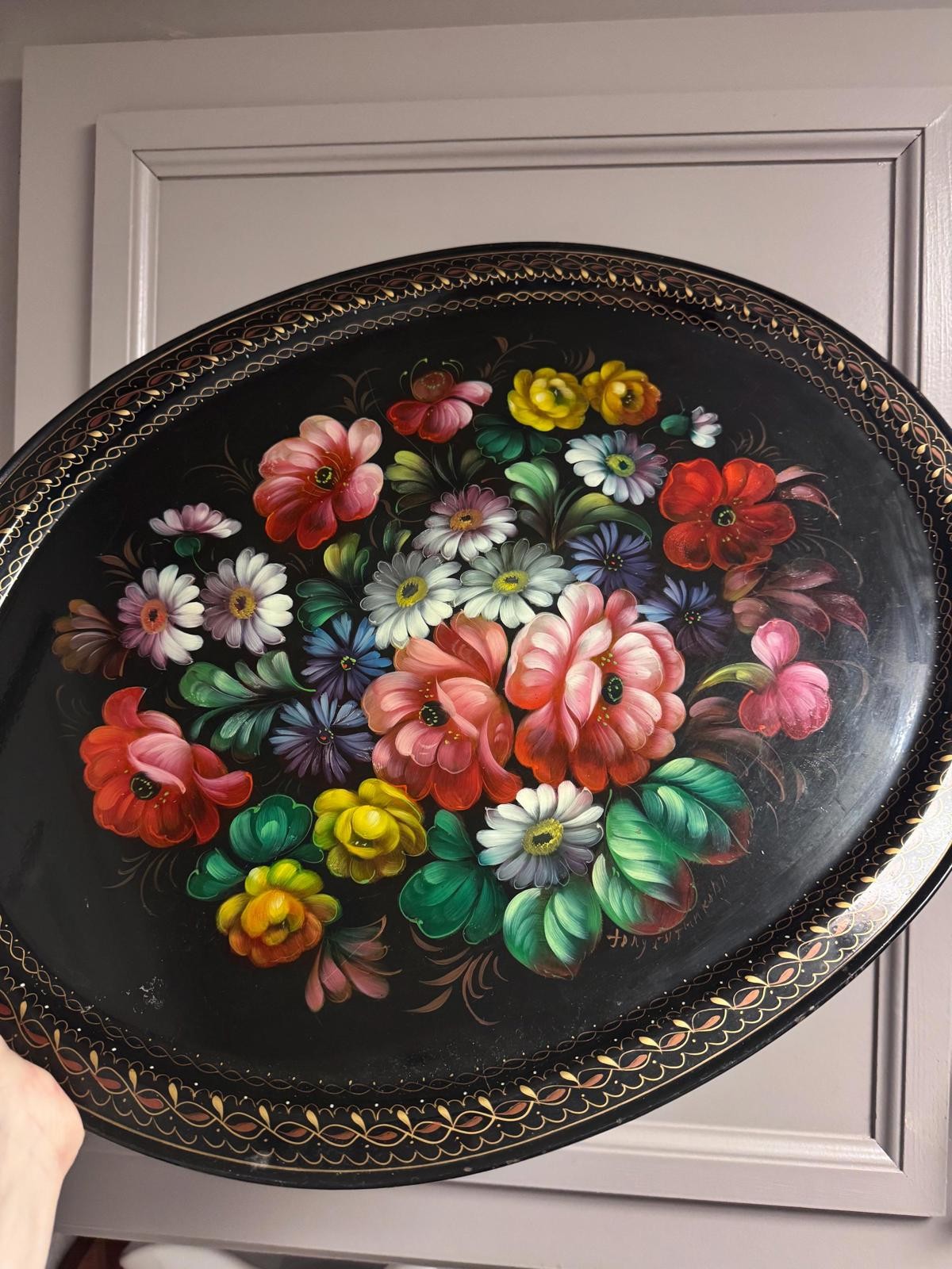 Vintage Hand Painted Folk Art Tole Tray Black Lacquer Floral Wall Decor 20 x 16