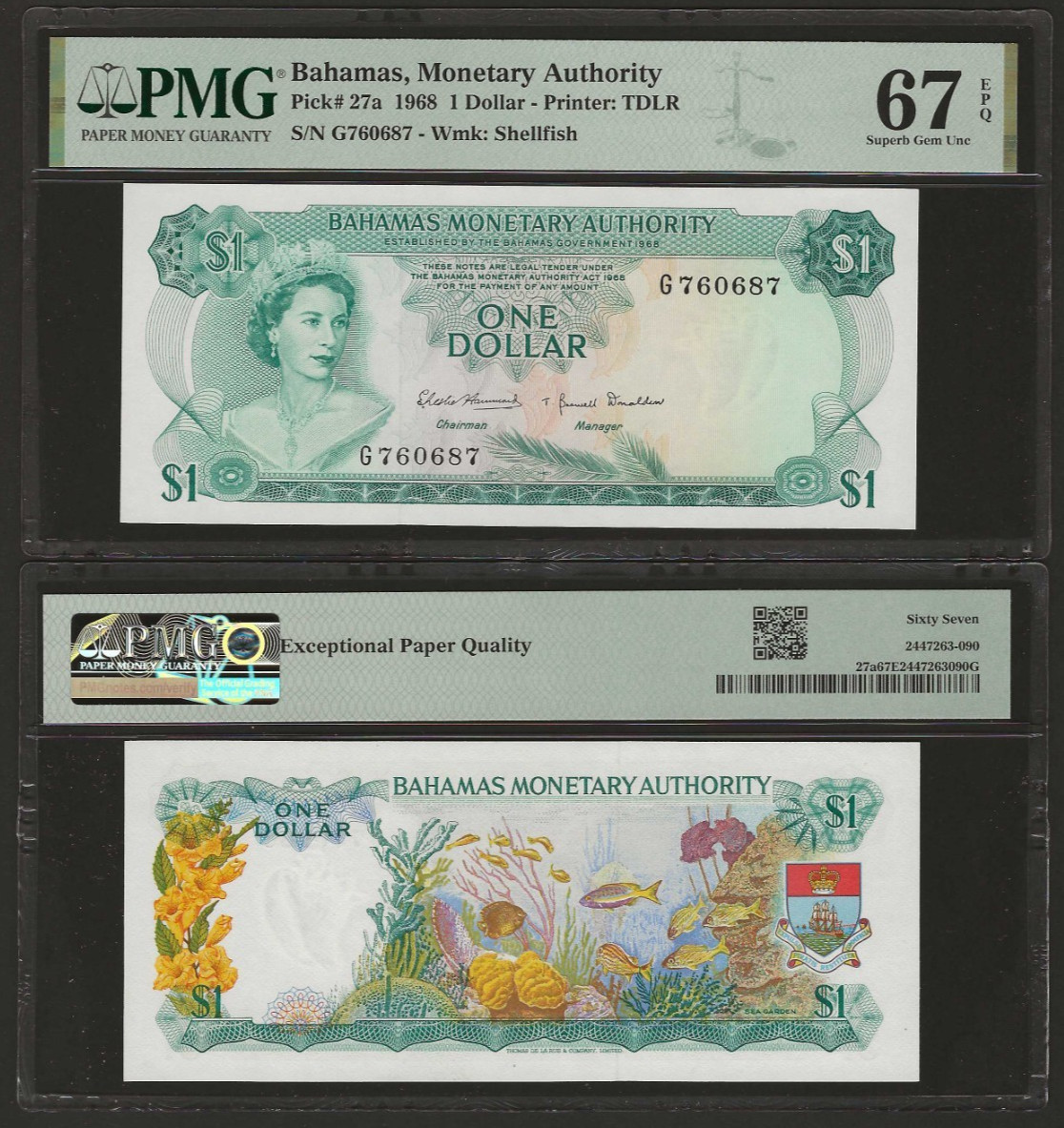 BAHAMAS 1 Dollar 1968, P-27a Monetary Authority, PMG 67 EPQ Superb Gem UNC, QEII